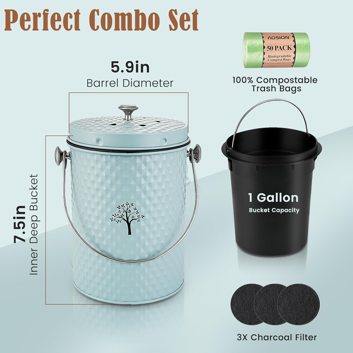 AOSION Countertop Compost Bin Kitchen & 3.5 Quart Stainless Steel Saucepan with Steamer Basket