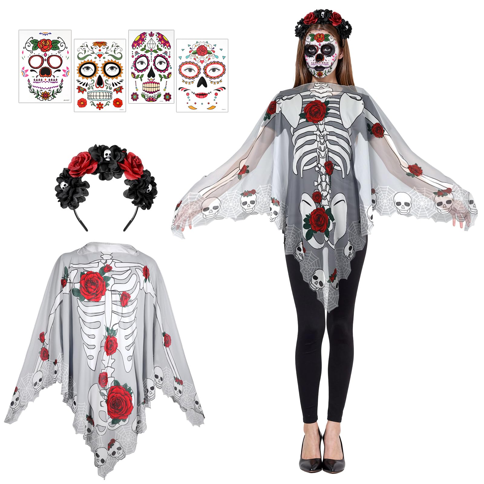 Beipegin Skeleton Costumes Women Skeleton Poncho Rose Floral Crown Face Temporary Tattoos Day of The Dead Costume for Halloween Adult Cosplay Party