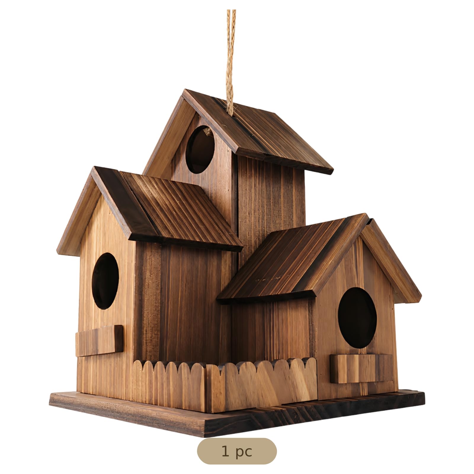 Vogelhaus für draußen, 3-Loch Holzvogelhaus mit 3 Räumen, Villa-Design zum Hängen, mit schrägem Dach und Umzäunungsplattform, für Garten, Hinterhof und Terrasse, Massivholz