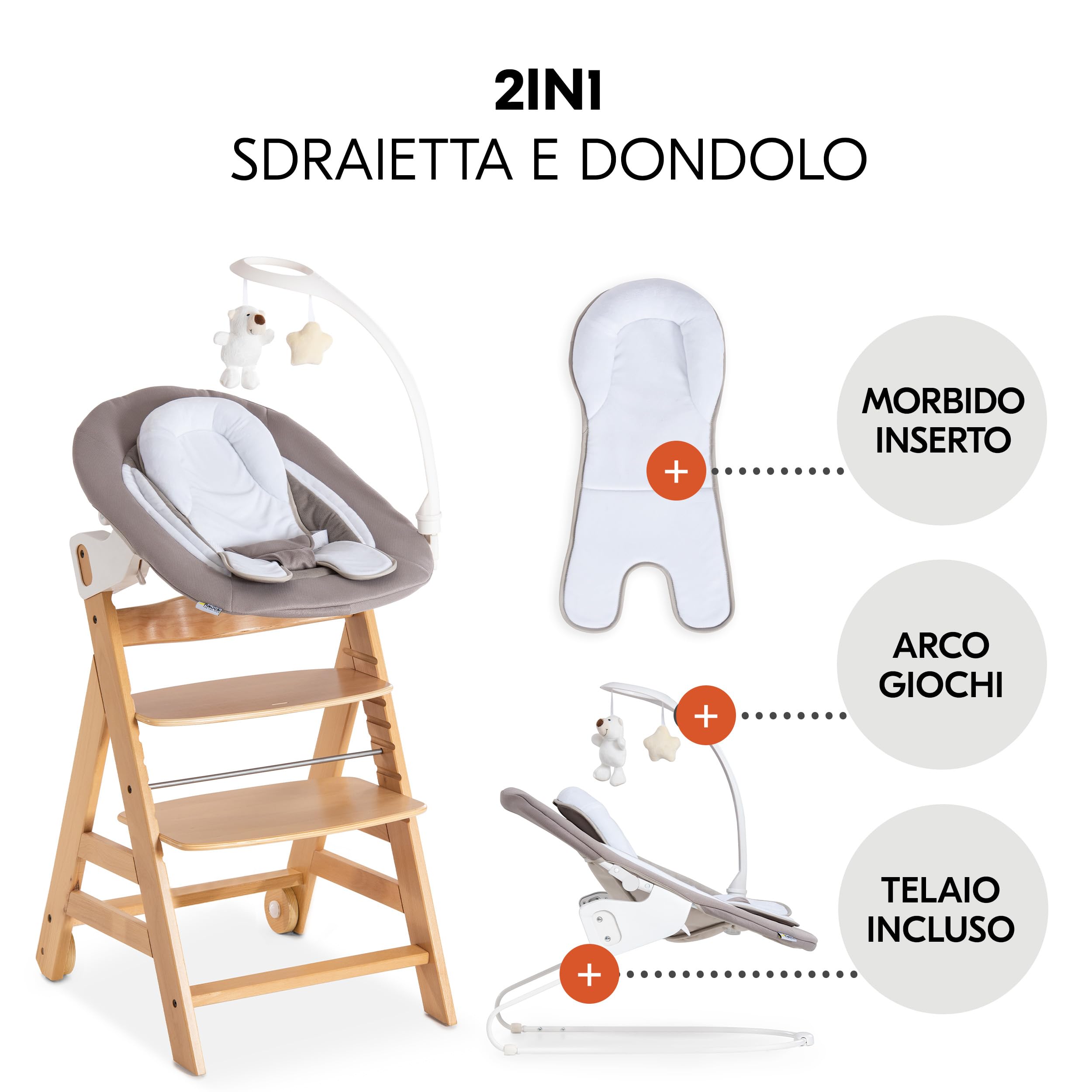 hauck Alpha Move Set Deluxe - Seggiolone in Legno Evolutivo Da 0 Mesi - Sedia Bambini Regolabile con Sdraietta Neonato Reclinabile, Cuscino e Vassoio - Naturale, Sabbia