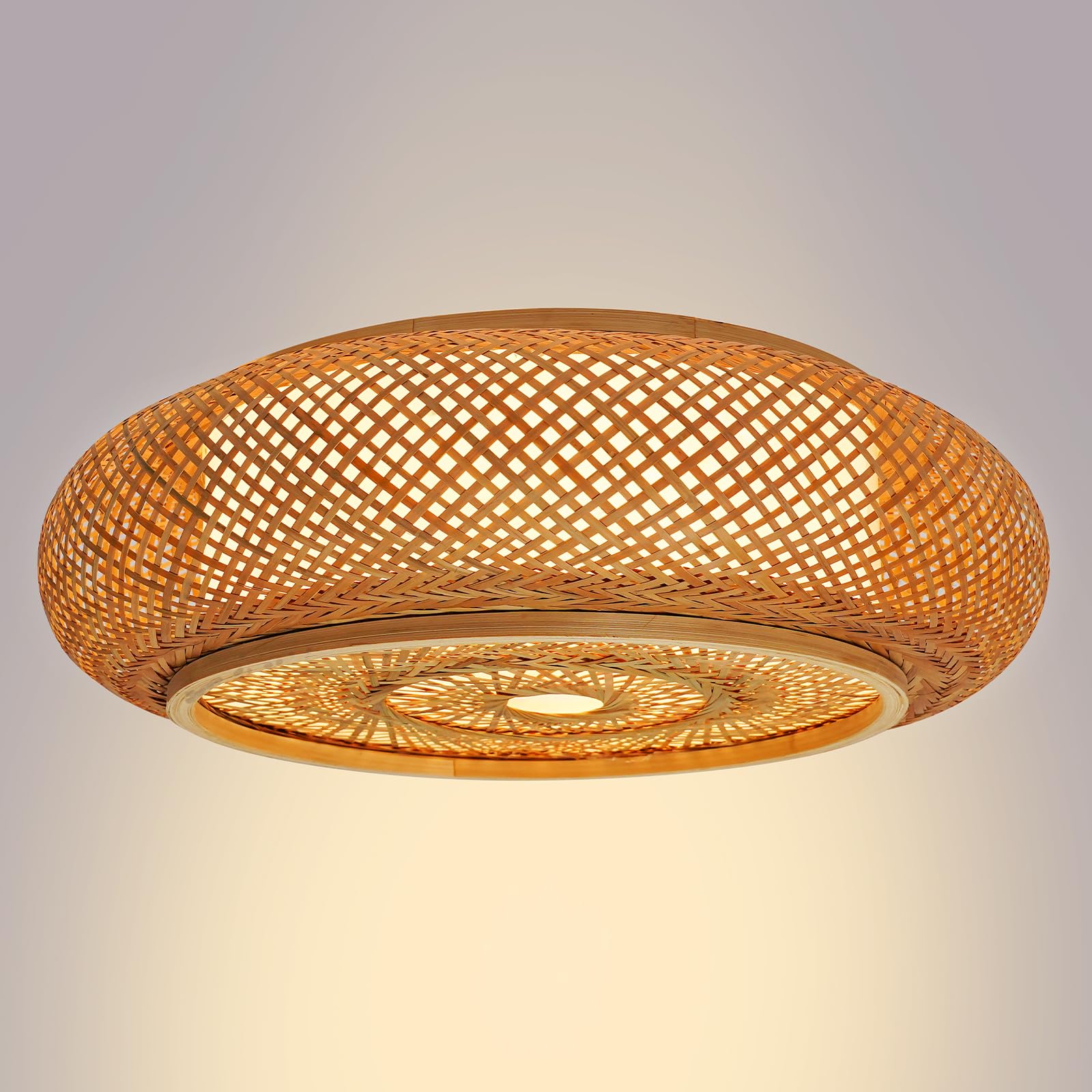 MEHOOSPVN 20" Bamboo Wicker Rattan Hanging Ceiling Light, Flush Mount Pendant Lamp Fixture E27 Pendant Light Wood Vintage Bamboo Lantern Ceiling Light Retro Round Chandelier Handmade Lampshade 50x16cm