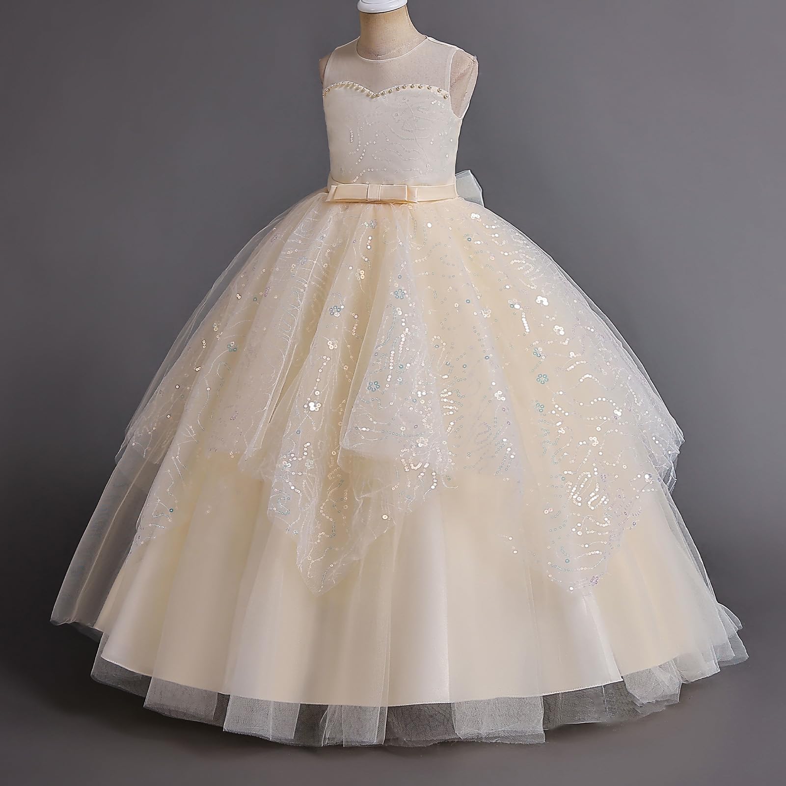 IDOPIP Kleid für Kinder, Mädchen, Hochzeit, Spitze, Tüll, ohne Ärmel, Stickerei, Perlen, Schleife, Brautjungfer, Geburtstag, Party, Prinzessin, lang, Ballkleid, Abendkleid