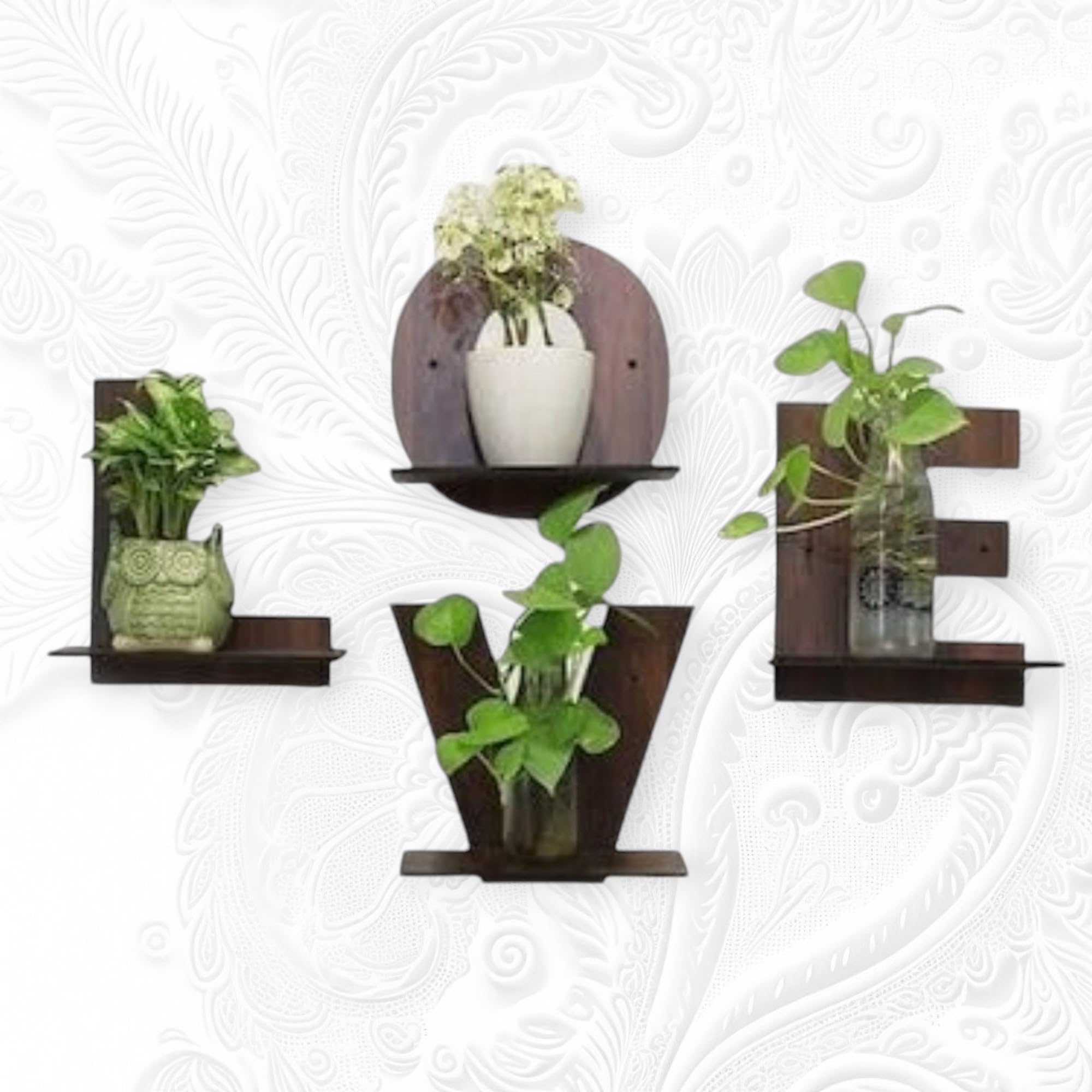 Love Wall-Mounted Decorative Floating Shelves, Wooden Plant Display Rack, Set of 4, Dark Brown-image-45
