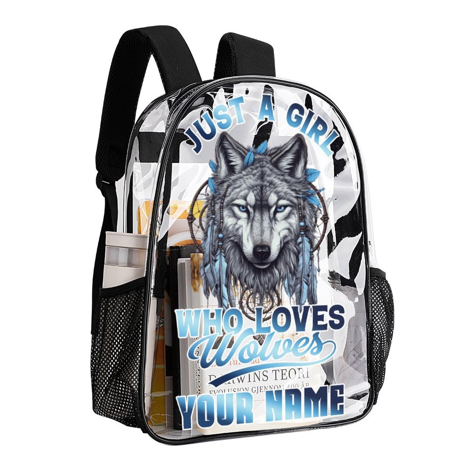 ZCJB-WSRY Custom Wolf Clear Backpack Heavy Duty for Girls Kids Boys Women Men - Large Cute PVC Wolves Theme Printing Transparent Backpacks for Schools