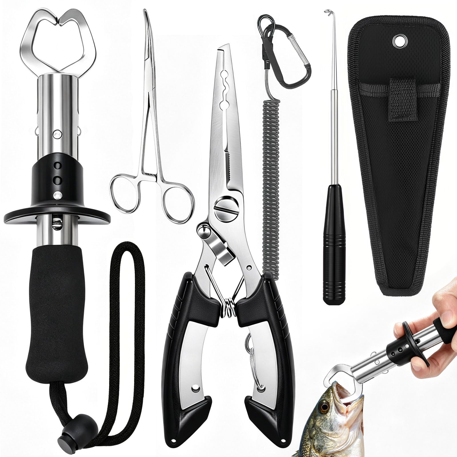 Seconero 6 Pcs Portable Fishing Pliers Set, Include Fish Lip Gripper, Split Ring Pliers, Fishing Forceps & Hook Disgorger with Lanyard, Unhooking Kit for Pike, Perch & Sea Bass, Fishing Gift for Men