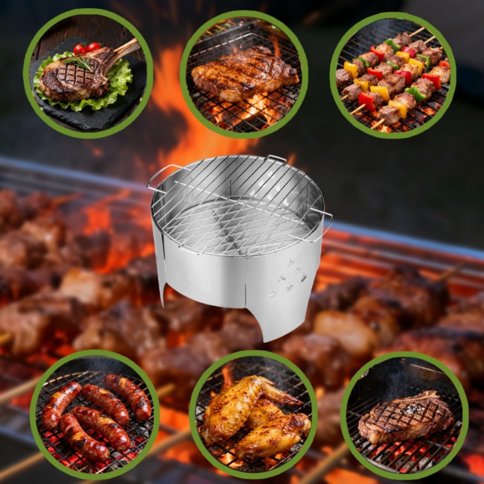 Griglia portatile in acciaio inox, per barbecue da 40 cm, leggera, con borsa per il trasporto, braciere multifunzione a legna e carbone per campeggio all'aperto e feste in giardino, argento