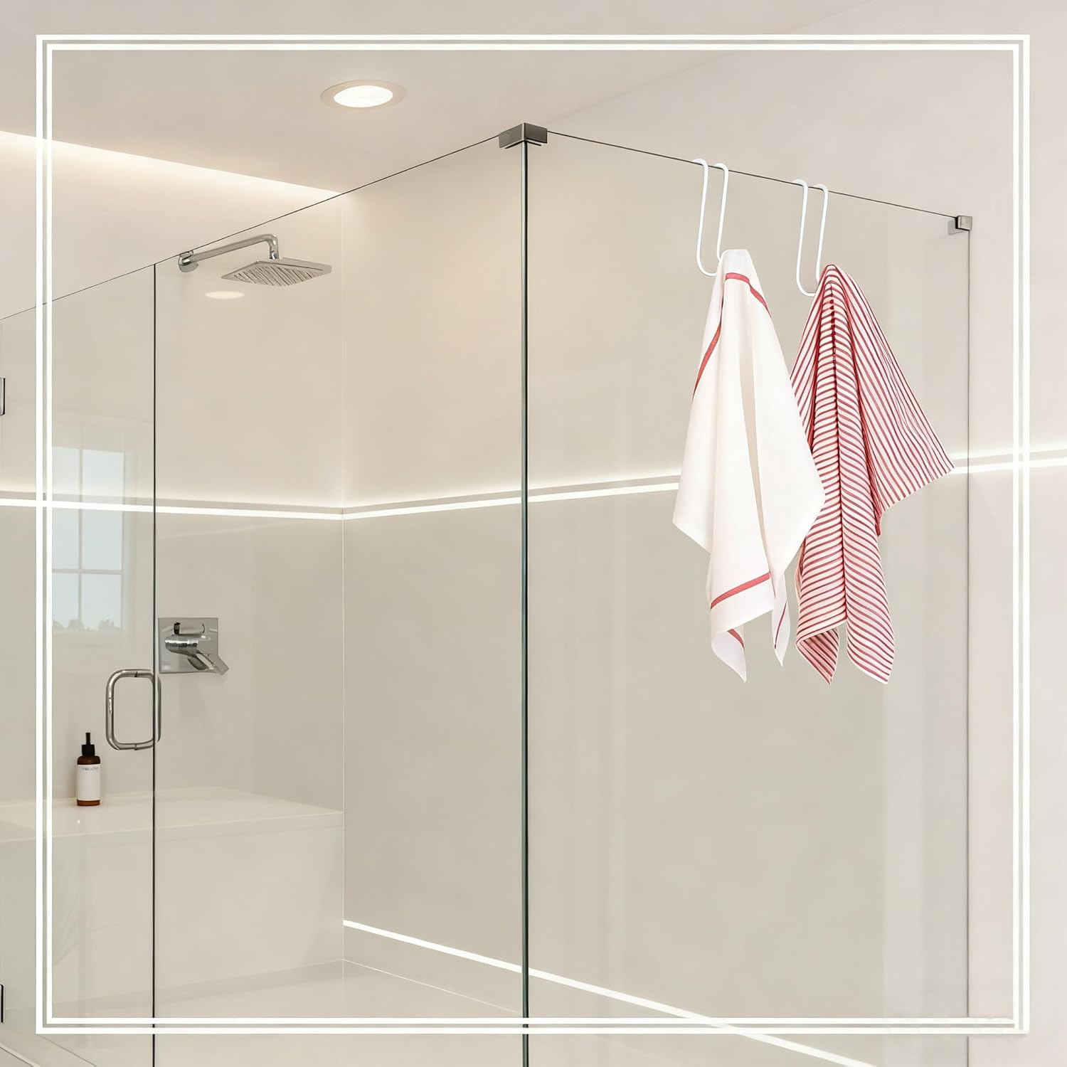 Shower Door Hooks, 2 Pack Dual-Hook Organizer with Non-Slip Rubber Coating for Towels and Clothes, Space-Saving Bathroom Storage Solution
