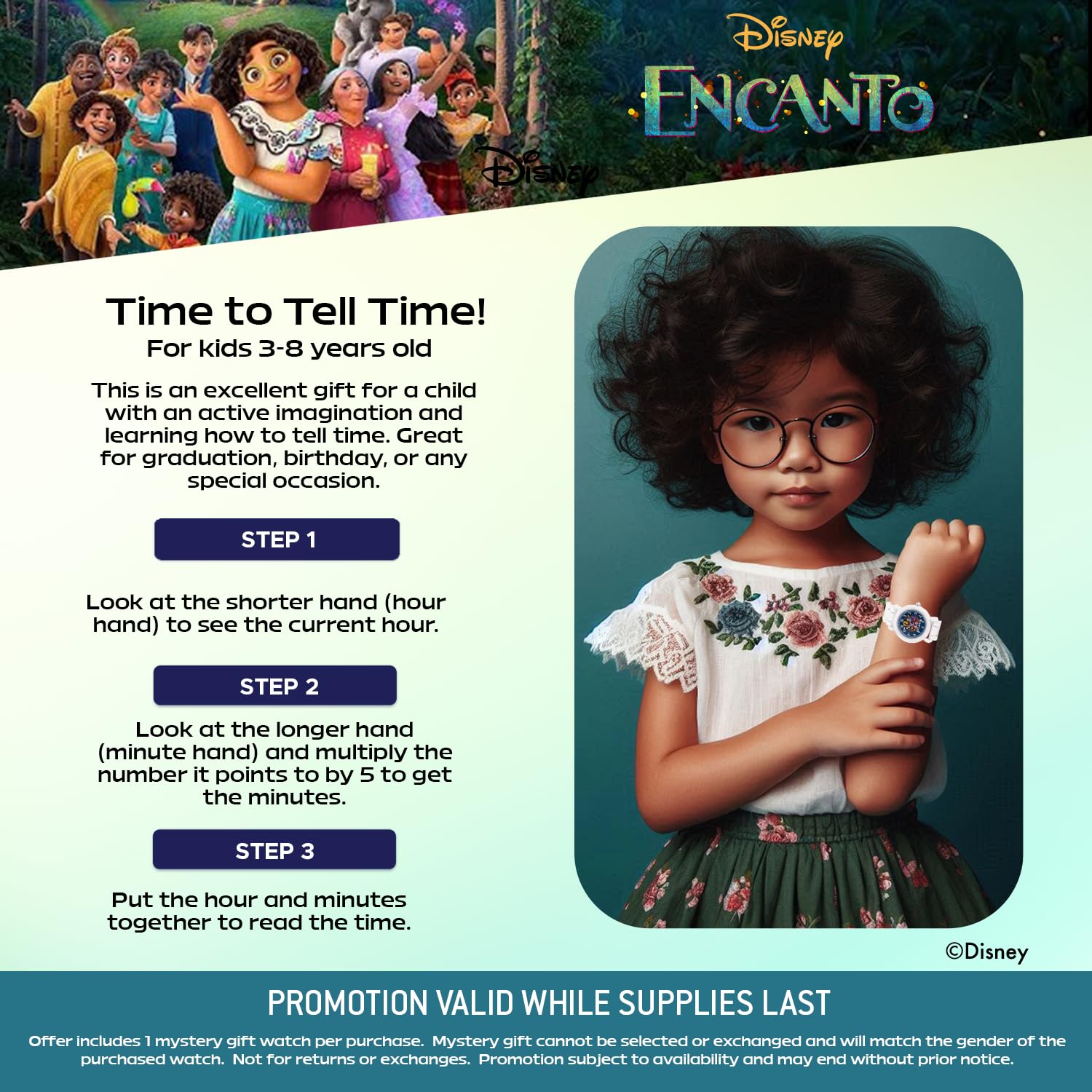 Disney Reloj Encanto para niños de 3 a 7 años con esfera clásica de personajes, regalo para niños que aman Encanto, cara fácil de leer, bisel blanco y correa de silicona blanca, compra y obtén 1 reloj
