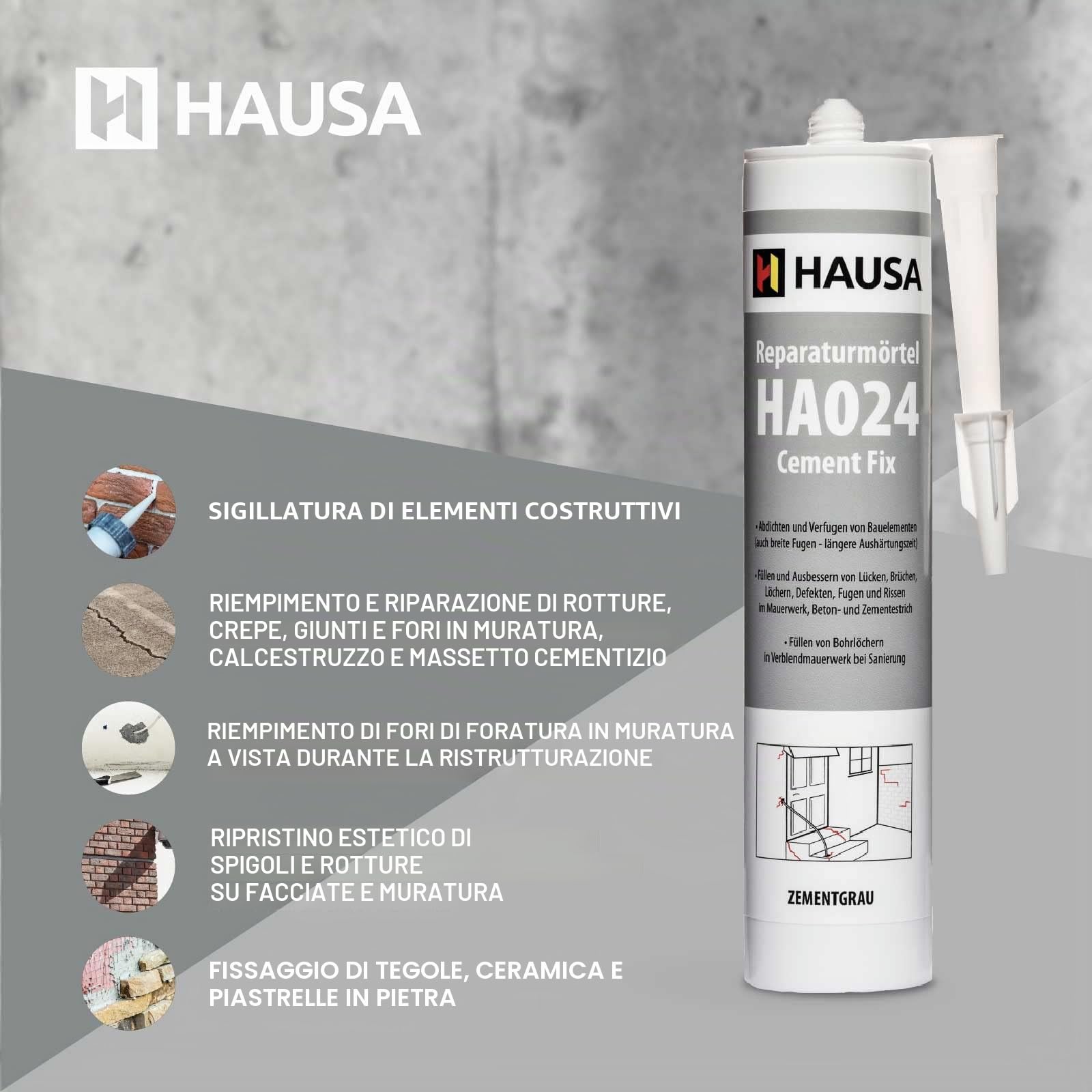 HAUSA Mortiere di Riparazione Cement Fix HA024 Mortiere Pronta all'Uso per Stuccature Riempimento di Crepe e Fissature Cemento Rapido per Interno ed Esterno Grigio Cemento 4x 310 ml