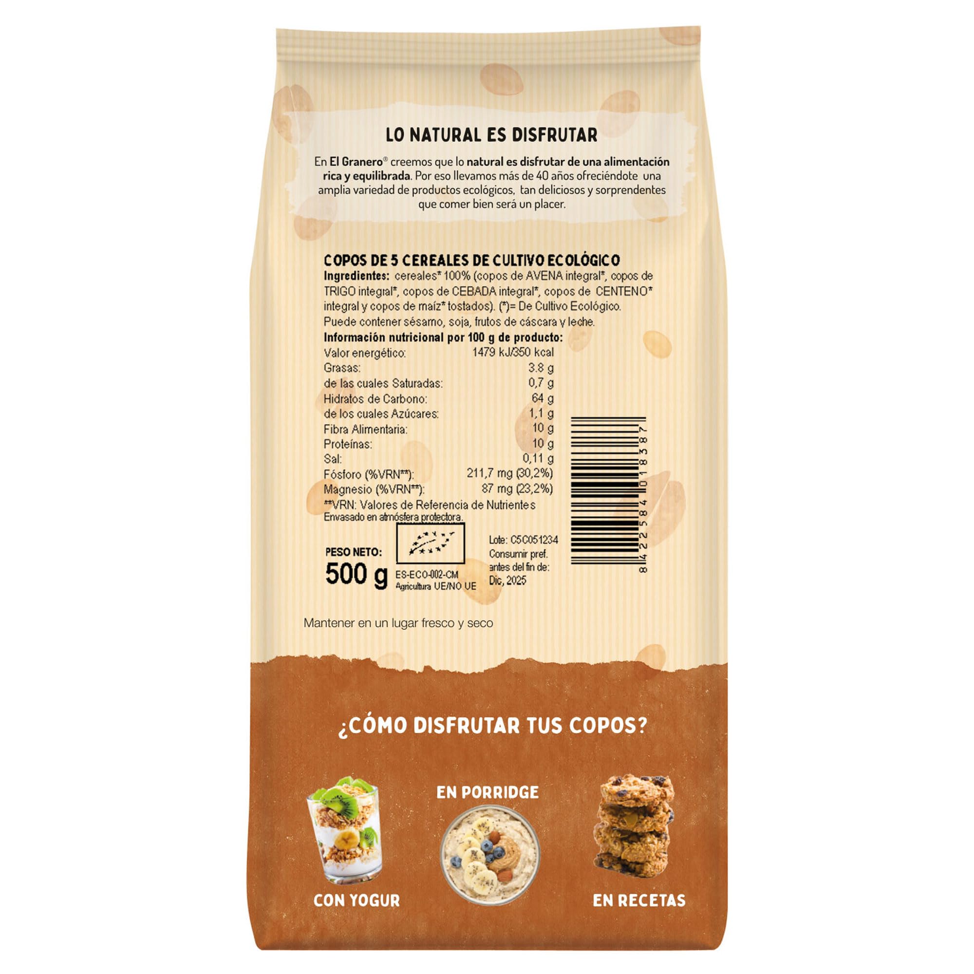El Granero integral - Copos de 5 Cereales Ecológicos de 500 g - Sin Azúcar Añadido - Aptos para Veganos - Incluye Copos de Avena, Trigo, Cebada, Centeno Integral y Maíz Malteado
