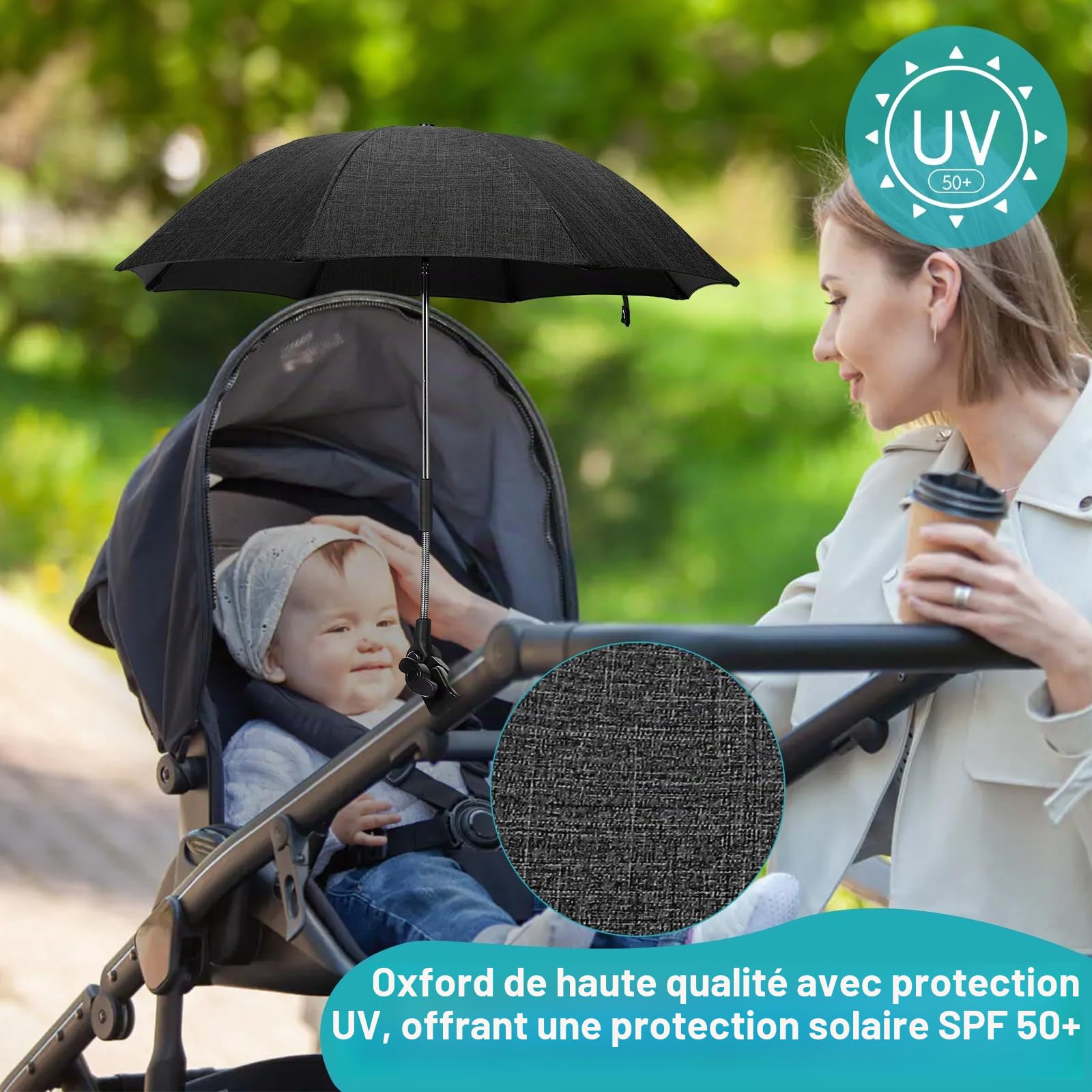 Ombrelle Poussette, Parasol Poussette Bébé Universelle, Protection UV 50+, Compatible avec la plupart des poussettes, Parapluie de Protection Solaire pour Landau avec Pince Réglable, Diamètre 71 cm