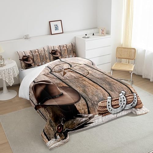 Miniatura 4 de Juego de edredón de vaquero, tamaño Queen, juego de ropa de cama de herradura con estrellas del oeste de Texas para adultos, hombres y niños, ropa