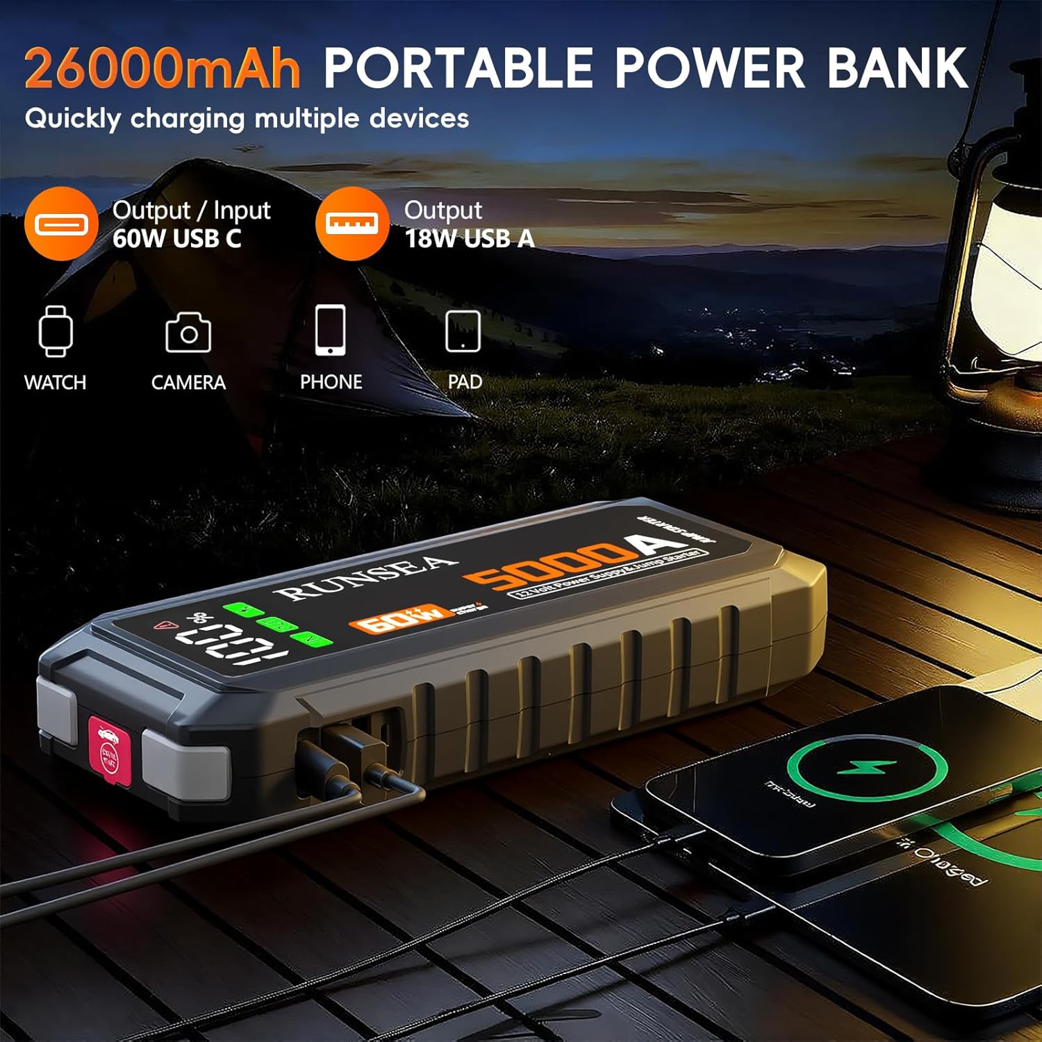 RUNSEA 5000A Peak Car Jump Starter Portable 60W Quick Charge for All Gas & 10L Diesel Engines, 26000mAh Jump Box for Car Battery Booster with LCD Display, Safety Jumper Cables and LED Light