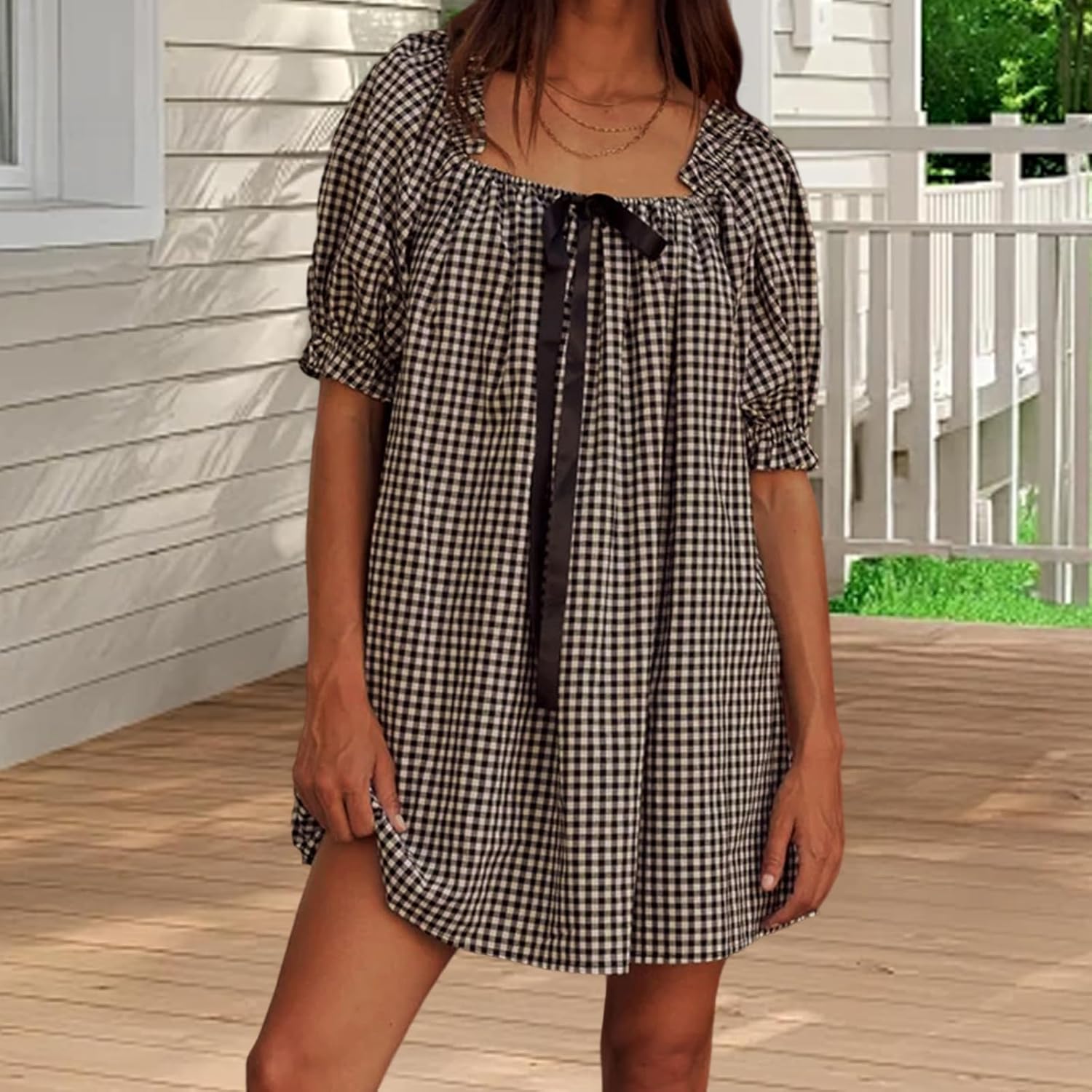 SOLILOQUY Women Gingham Mini Dress Christmas Bow Tie Front Square Neck Short Puff Sleeve Babydoll Dress Boho Party Clubwear - Image 3