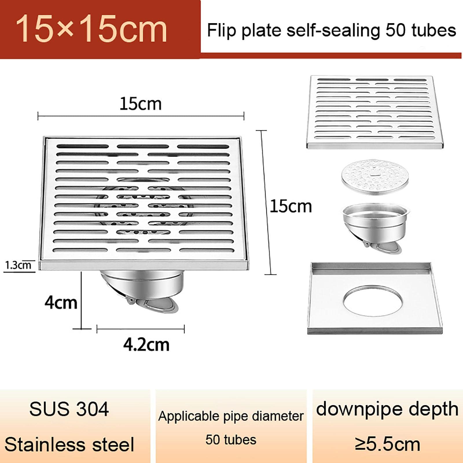 Piletta a pavimento quadrata in acciaio inox 304, piletta doccia, patio esterno misura grande 15 antiodore 15X15 sedicente