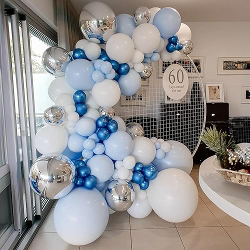 Miniatura 5 de Kit de arco de globos azules y blancos, guirnalda de globos de color azul claro y plateado con globos de aluminio plateado 4D, globos de látex azul