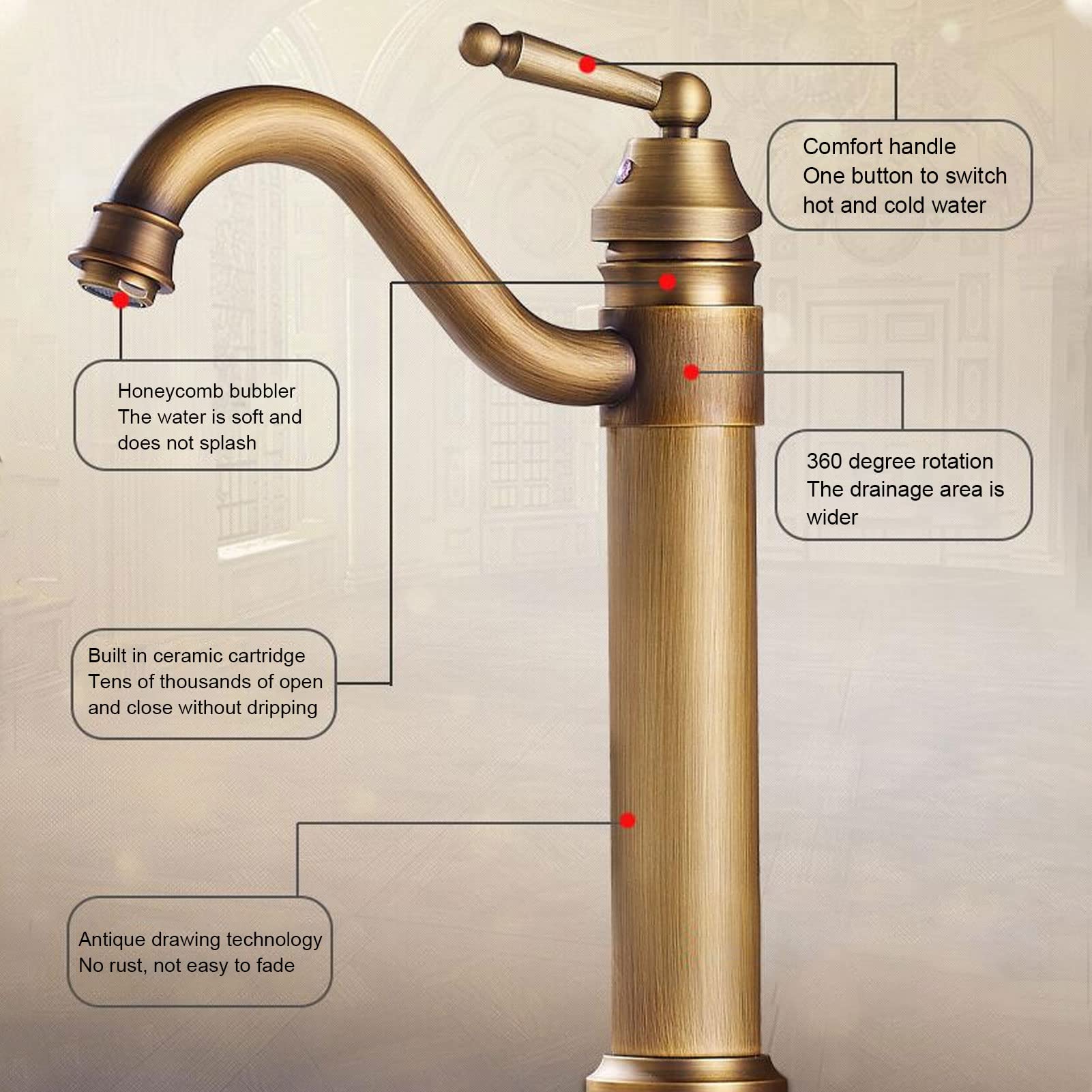 Robinet Lavabo Cuivre Salle De Bains Robinet Haut Lavabo Cuivre Rétro Industriel Mitigeur Eau Chaude Froide Mitigeur pour Au-Dessus du Comptoir Salle De Bains Hôtel
