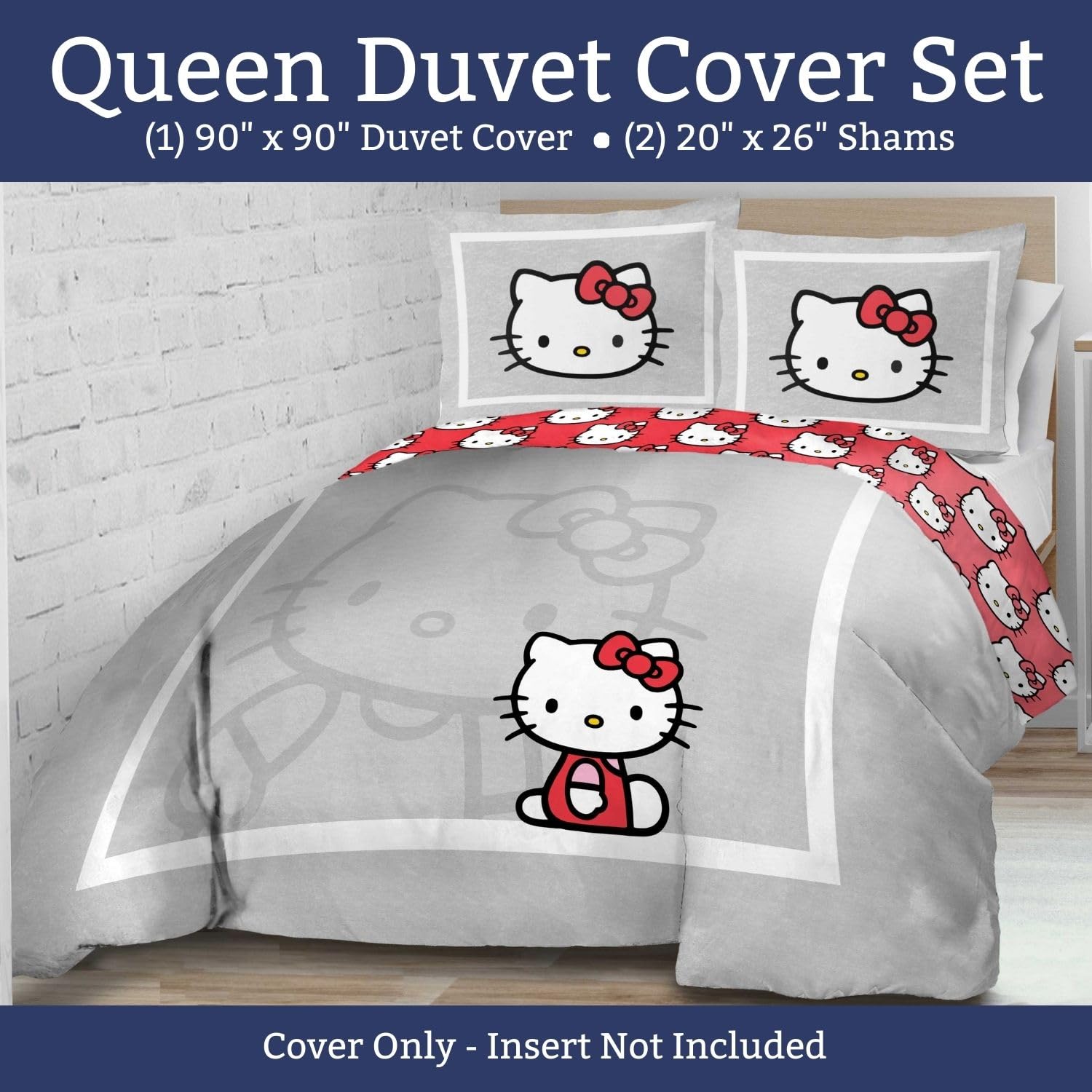 Jay Franco Duvet Cover Set – 3 Piece Comforter Cover and Sham Set, Super Soft Cozy Bedding (Insert Not Included) Grey - Hello Kitty, Queen