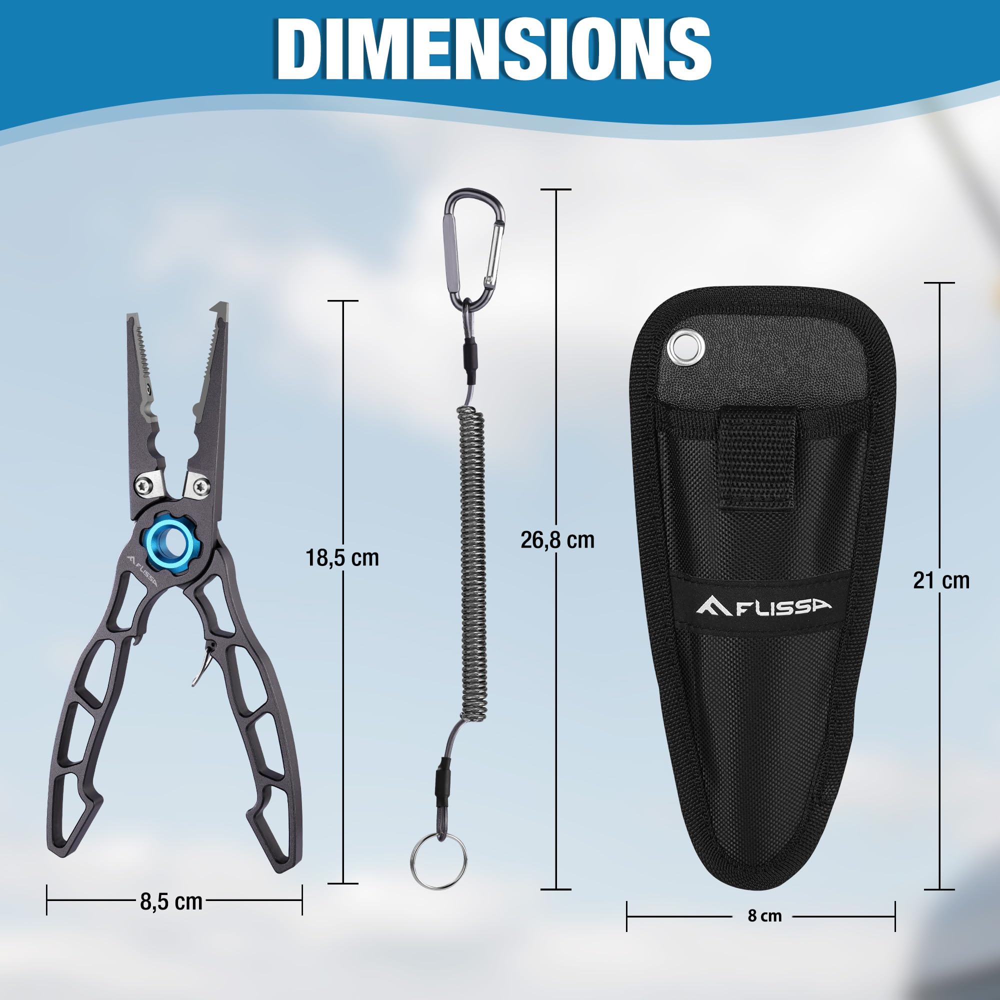 FLISSA Pince de Pêche Légère en Alliage d’Aluminium | Pince de Pêche Multifonction avec Coupe-Fil, Ouvre-Anneaux, Cordon et Étui, Idéale pour la Pêche en Mer et en Eau Douce