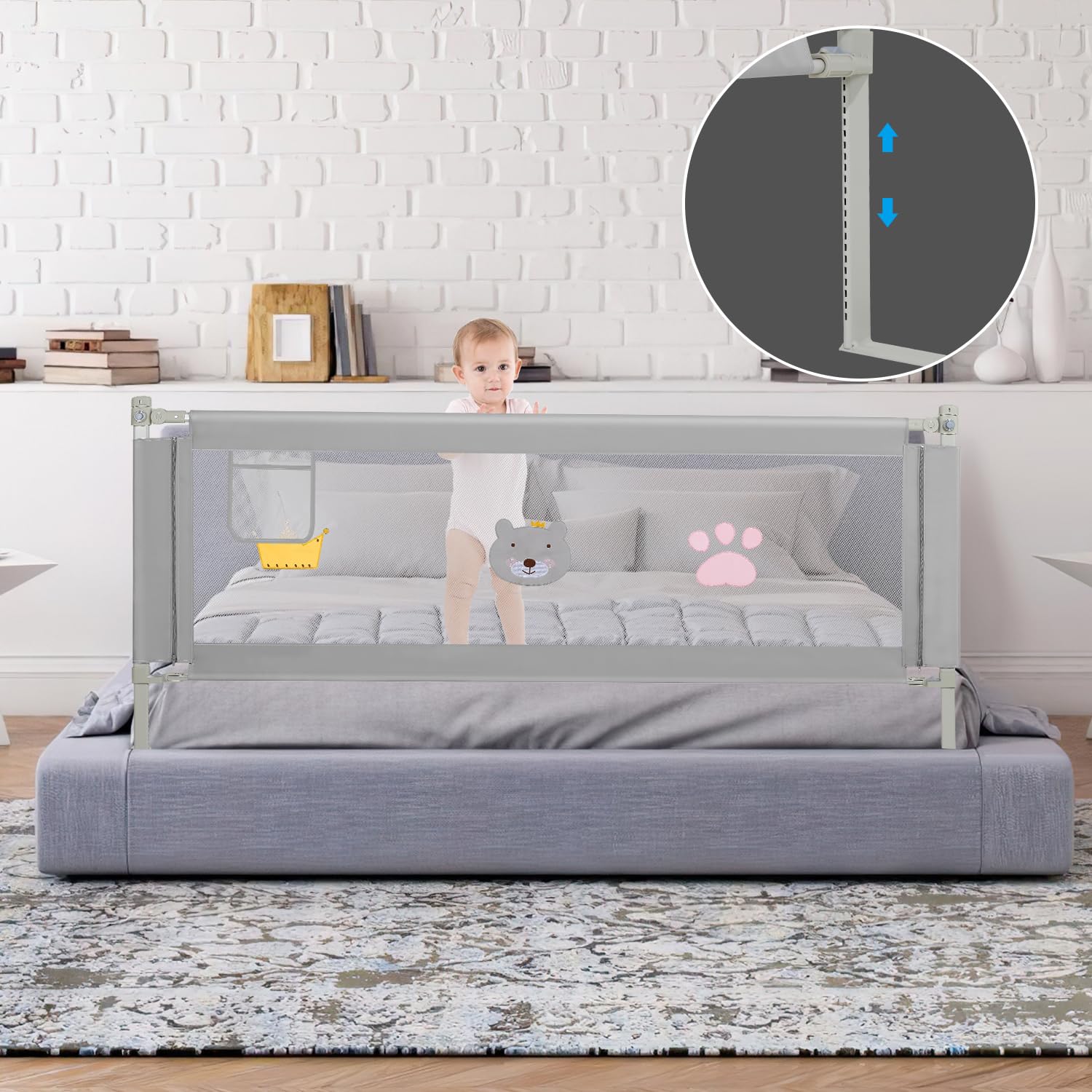Eulenke - Set di sponde per letto, 2x 180 cm e 1x 150 cm, Regolabili in altezza (70-98 cm), Grigio, Protezione anti-caduta per bambini
