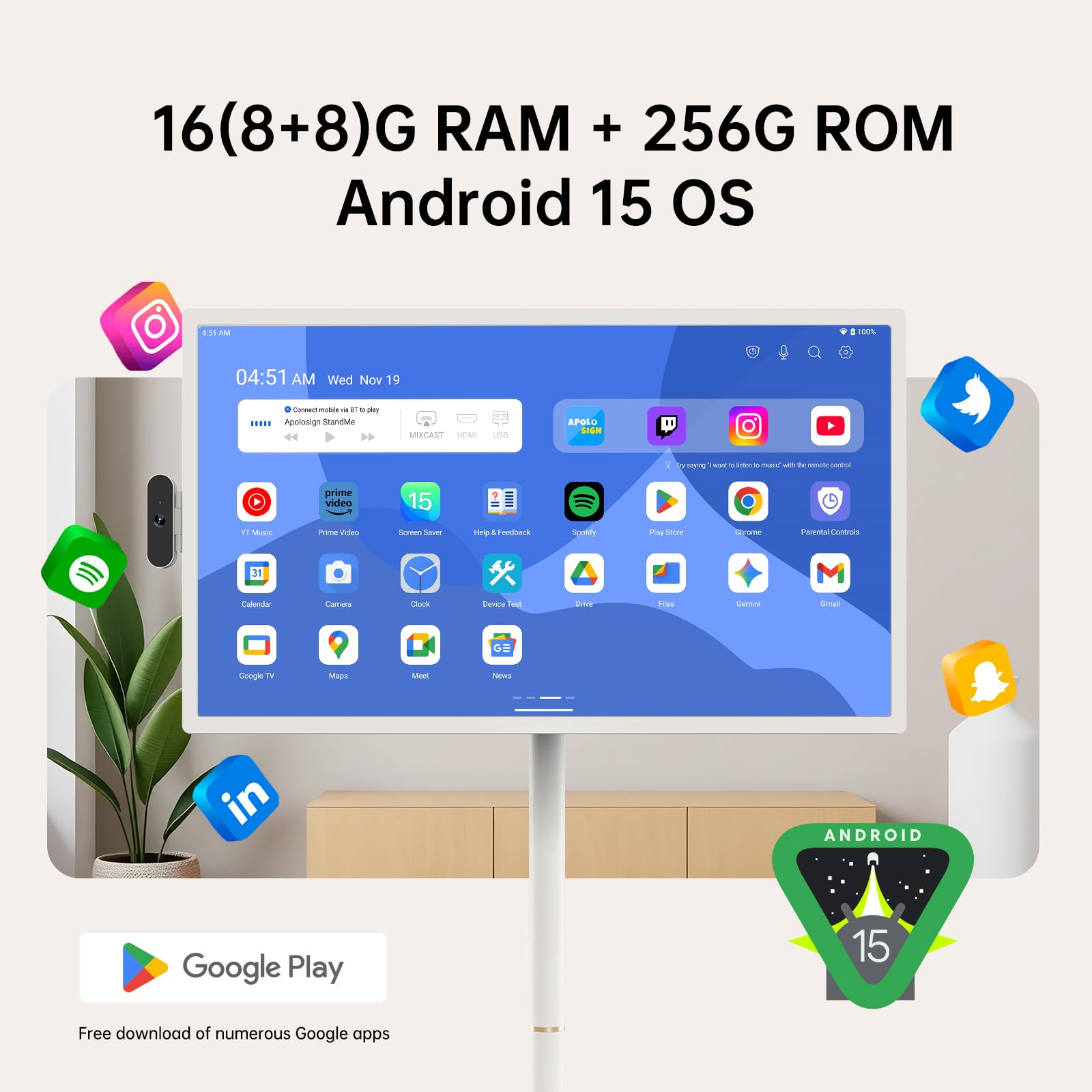 ApoloSign 32 inch UHD 4K Smart Portable TV Gen2, 16G +256G Storage, Android 15 OS, 15000mAh, Rolling TV on Wheels with Rotatable Touch Screen, Built-in Battery, Full Swivel Rotation, Voice Remote