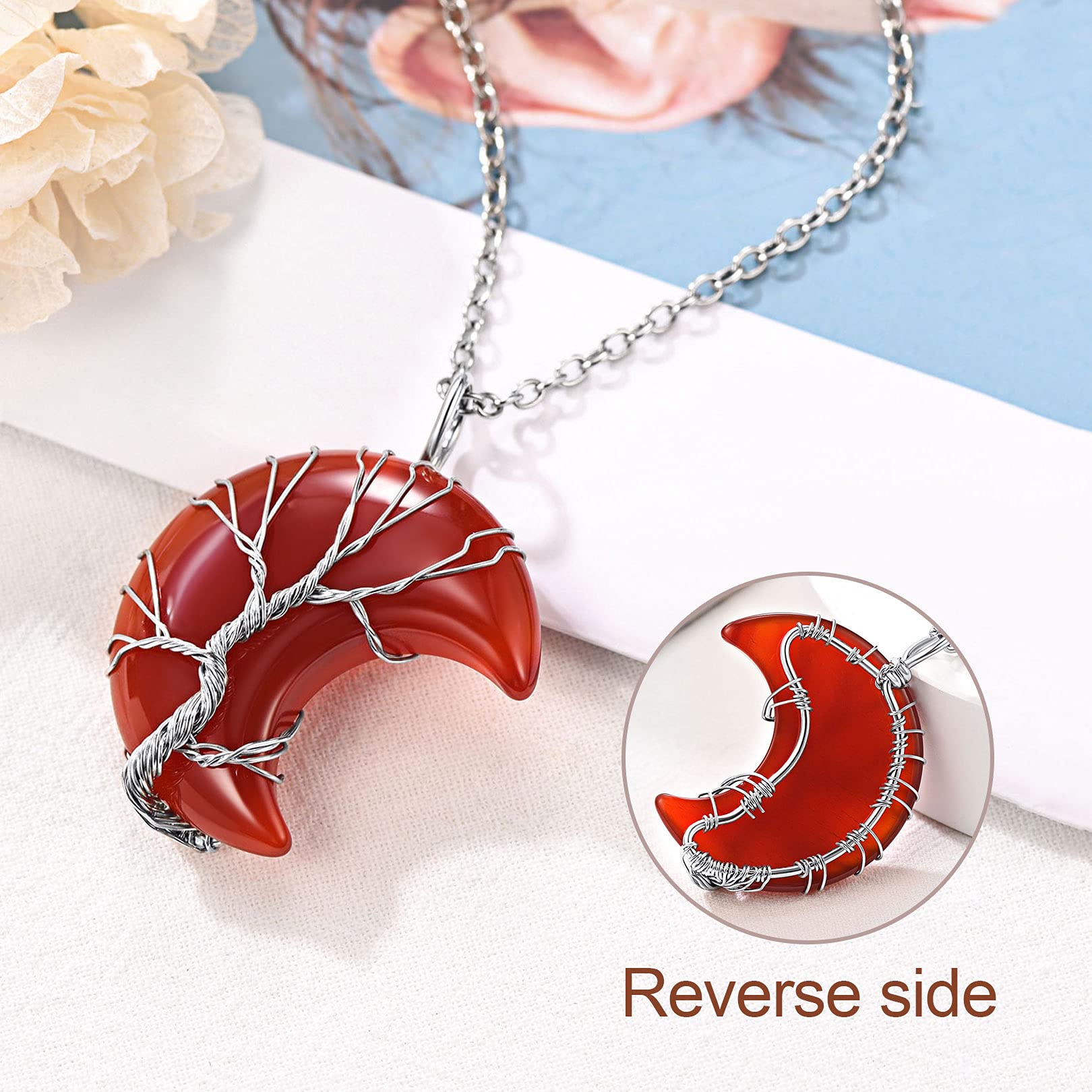 FOCALOOK Collier Femme Arbre de Vie Pierre de Naissance Naturelle/Synthétique - Pendentif en Croissant/Coeur avec Chaîne Fine Acier Réglable 50+5cm