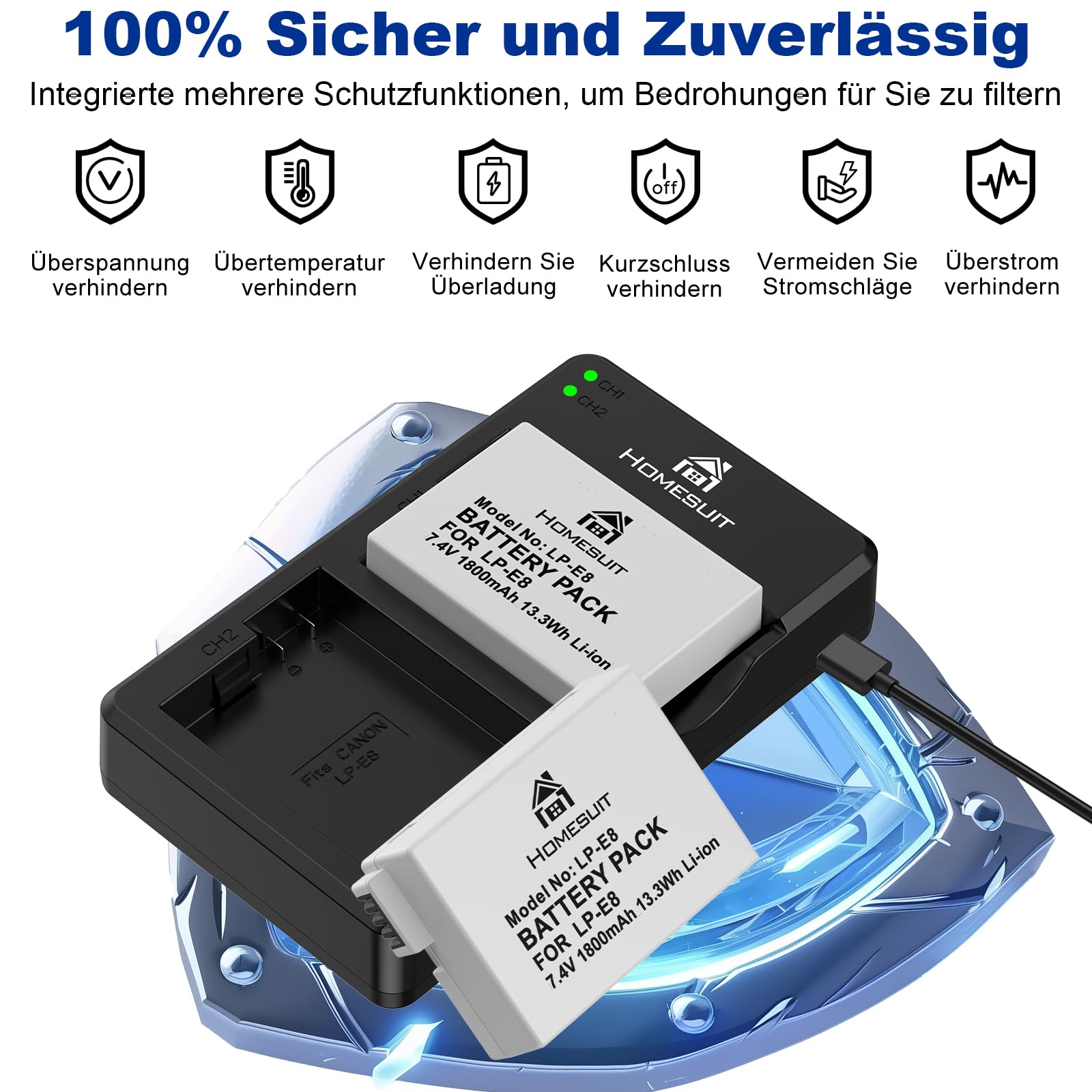 Homesuit LP-E8 Akku 1800mAh und LED USB Dual Ladegerät für Canon EOS Rebel T2i T3i T4i T5i EOS 550D 600D 650D 700D Kiss X4 X5 X6 X6i X7i Kamera (2er-Pack)