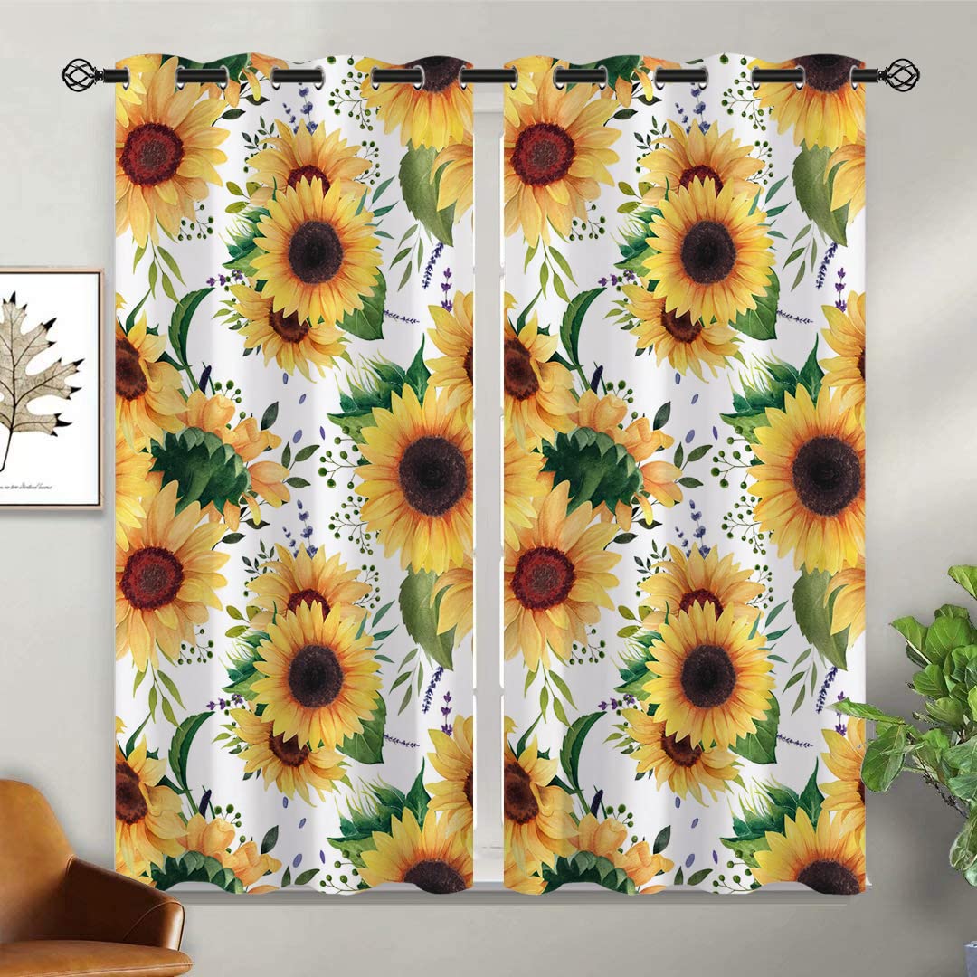 ONINUO Sunflower Blackout Curtains for Girls Boy Home Decor, Rustic Summer Hand Drawn Floral Yellow Grommet Thermal Insulated Drapes Darkening Window