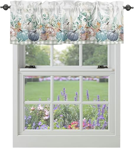 Miniatura 9 de Cortinas de cocina de Acción de Gracias, cenefas para ventanas, acuarela, calabazas de otoño, hojas de eucalipto, bolsillo para barra, tratamiento