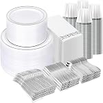 700 Piece Dinnerware Set for Wedding & Party,100 Guest RimPlastic Plates,100 Plastic Silverware,100 Cups,100 Linen Like Napkins (Gold) (Gold)