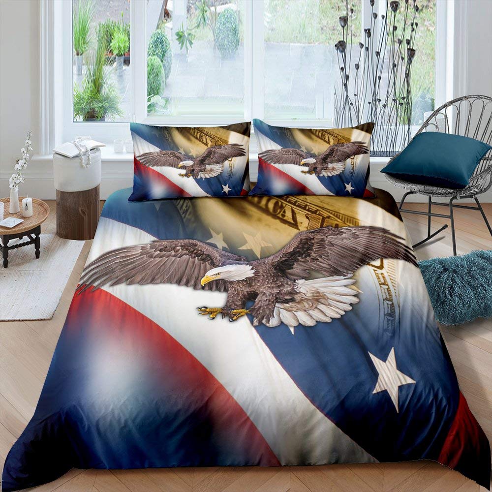American Eagle Juego de ropa de cama con diseño de águila calva y bandera de Estados Unidos, funda de edredón para niños, niñas y adultos, 4 de julio, ropa de cama, decoración de cama, con 2 fundas