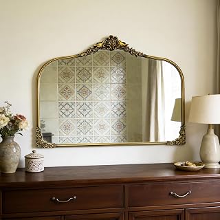 Antique Baroque Vintage Vanity Mirror 25x36Inch, Gold with Ornate Antique Frame, Arched Vintage Wall Mirror for Living Room, Fireplace, Entryway