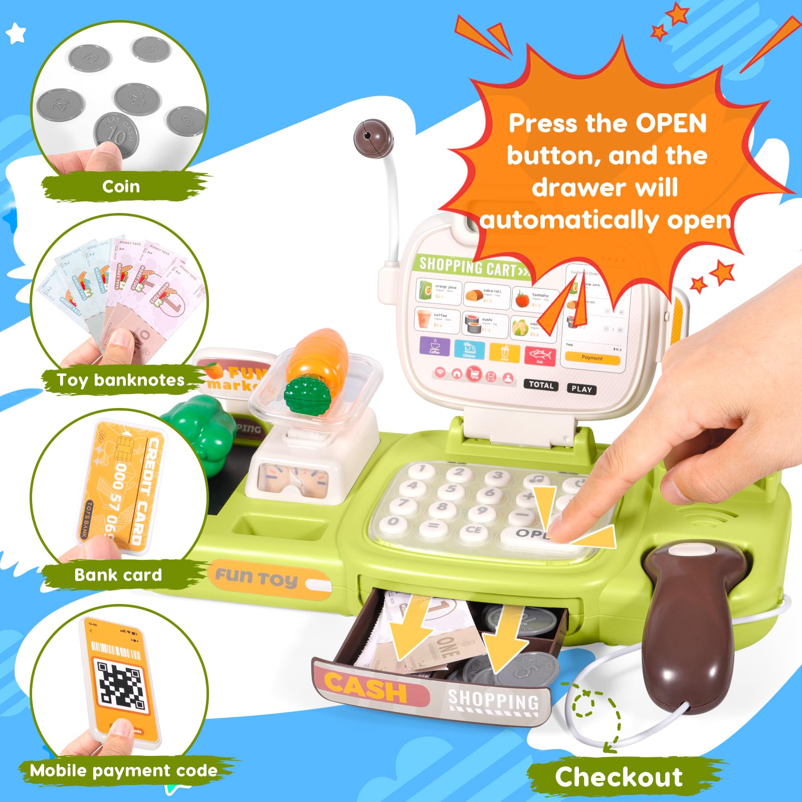 Jouets Caisse enregistreuse pour Enfants, 77 Accessoires, Cashier Cosplay Jouets avec Vraie Calculatrice Scanner Son et Lumière, Jouet Supermarché Jeu de Rôle pour Garçon Fille de 3+ Ans