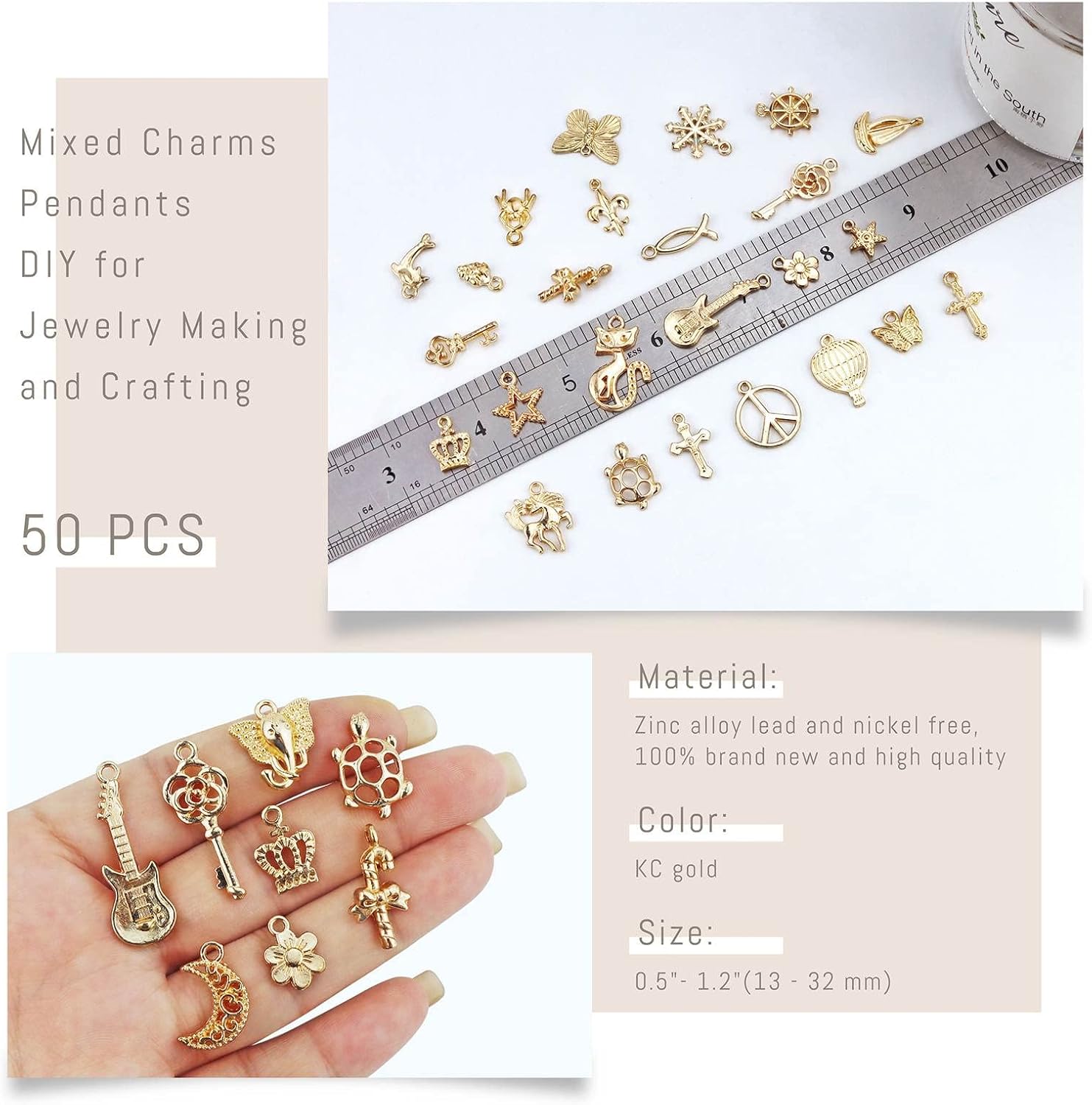 JIALEEY Wholesale Bulk 50PCS Mixed KC Gold Charms Pendants DIY for Necklace Bracelet Jewelry Making and Crafting - Image 2