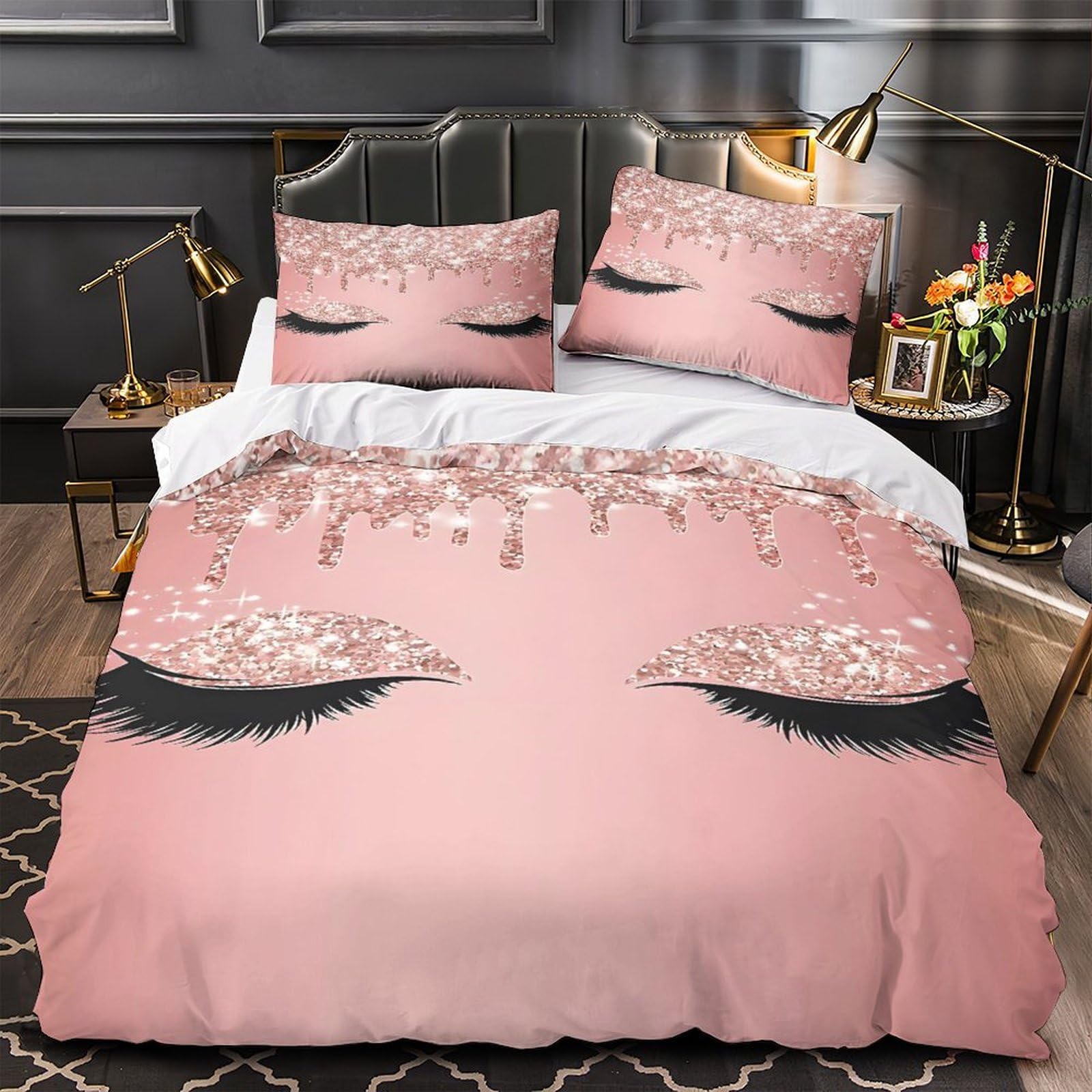 MMDASBVPE Glitter Lashes Duvet Cover 3D Design Printed Super Soft 3 Pieces Bedding Set Zipper Comforter Cover Hotel Quality Hypoallergenic for Teens Kids Girls Boys Women Adults Single（140x200cm）
