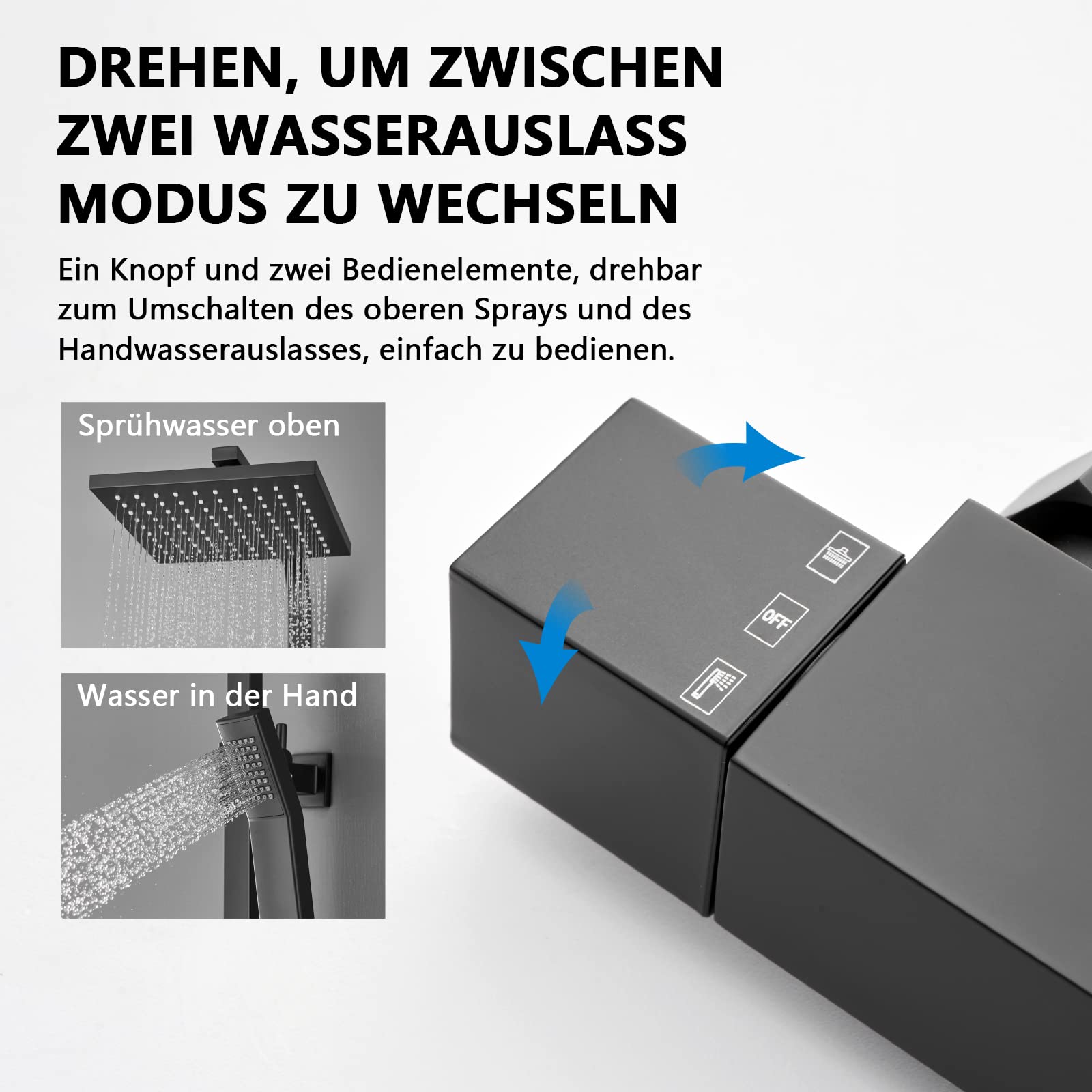 KOMIRO Duschsystem mit Thermostat, Regendusche mit armatur, Duscharmatur Schwarz, Duschgarnitur Kopfbrause, Verstellbarer Duschstange, Duschsäule Eckig