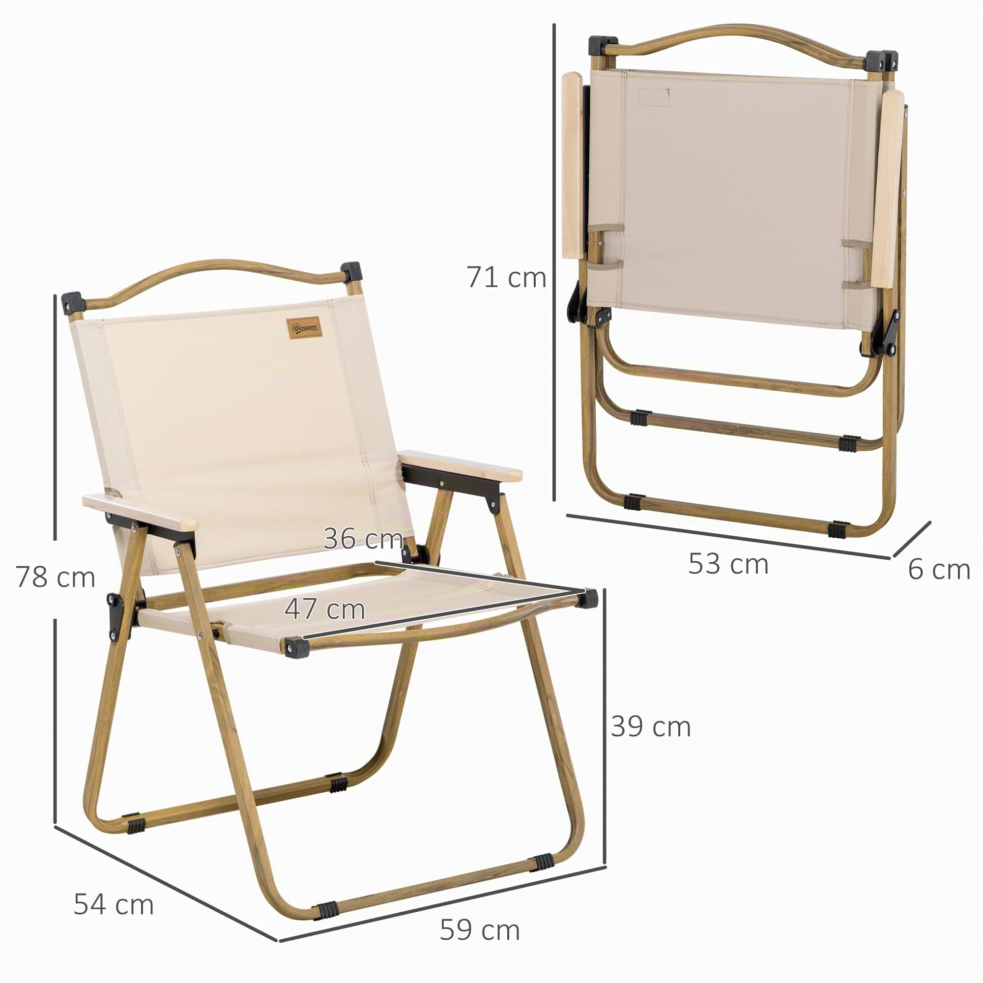 Outsunny Campingstuhl 2er Set Faltbar mit Stahlrahmen Holzoptik Khaki | Gartenstuhl, Klappsessel, Camping Klappstühle, für Pool, Strand, Oxford