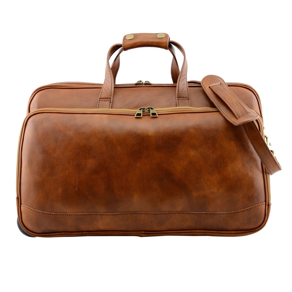 Genuine Vegetable Tanned Leather Trolley Travel Bag Color Tan