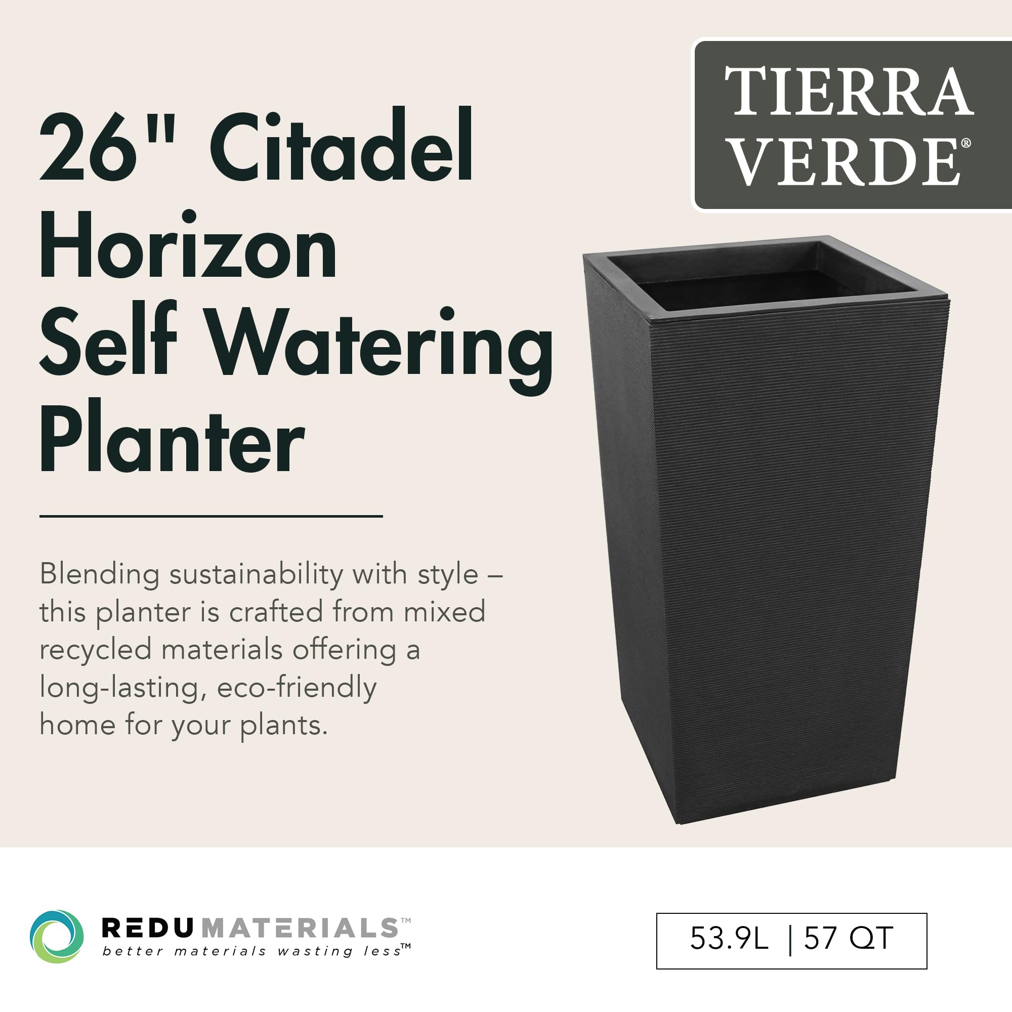 TierraVerde Citadel Horizon - Maceta cuadrada con riego automático, 13.5 pulgadas de ancho x 26 pulgadas de alto, color negro