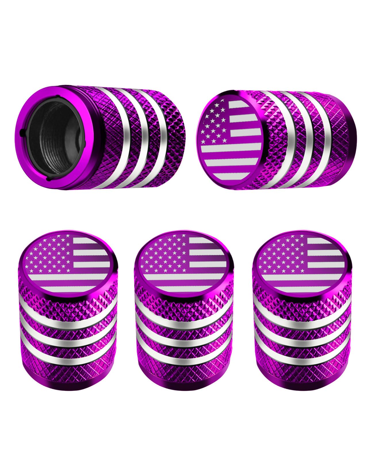 DECURCAR Tire Valve Stem Cap Cover - (5 Pack) Tire Air Cap Metal with Plastic Liner Corrosion Resistant Leak-Proof American Flag for Car Truck Motorcycle Bike Purple