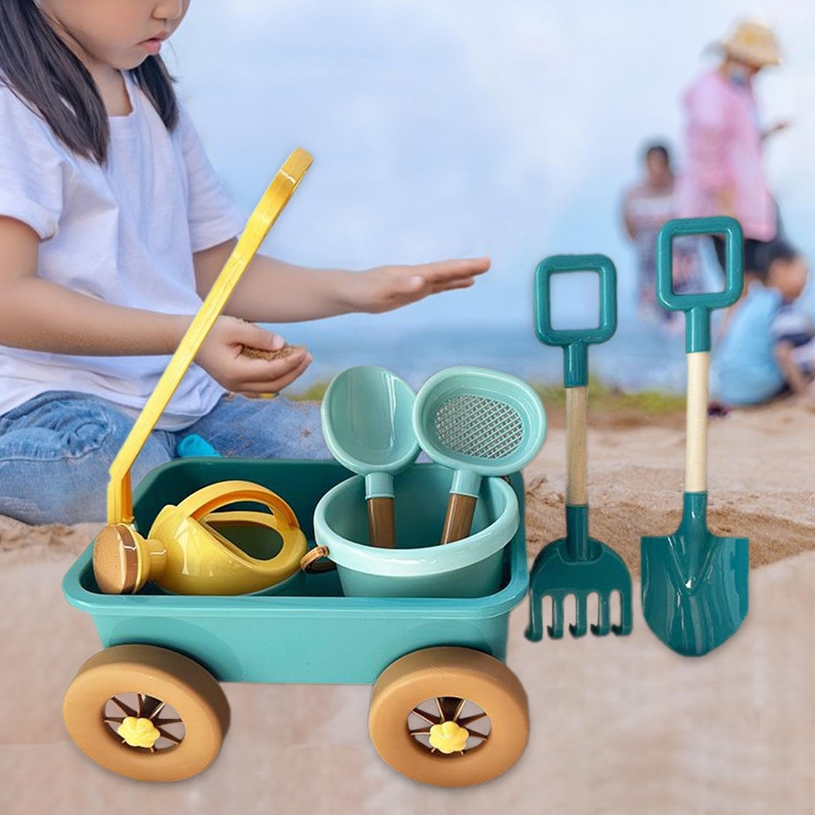 Spielzeug Eisenbahn Set für Draußen, Spielzeugwagen mit Werkzeug, Sandspielzeug, Handspielzeug, Strandspielzeug, Blau