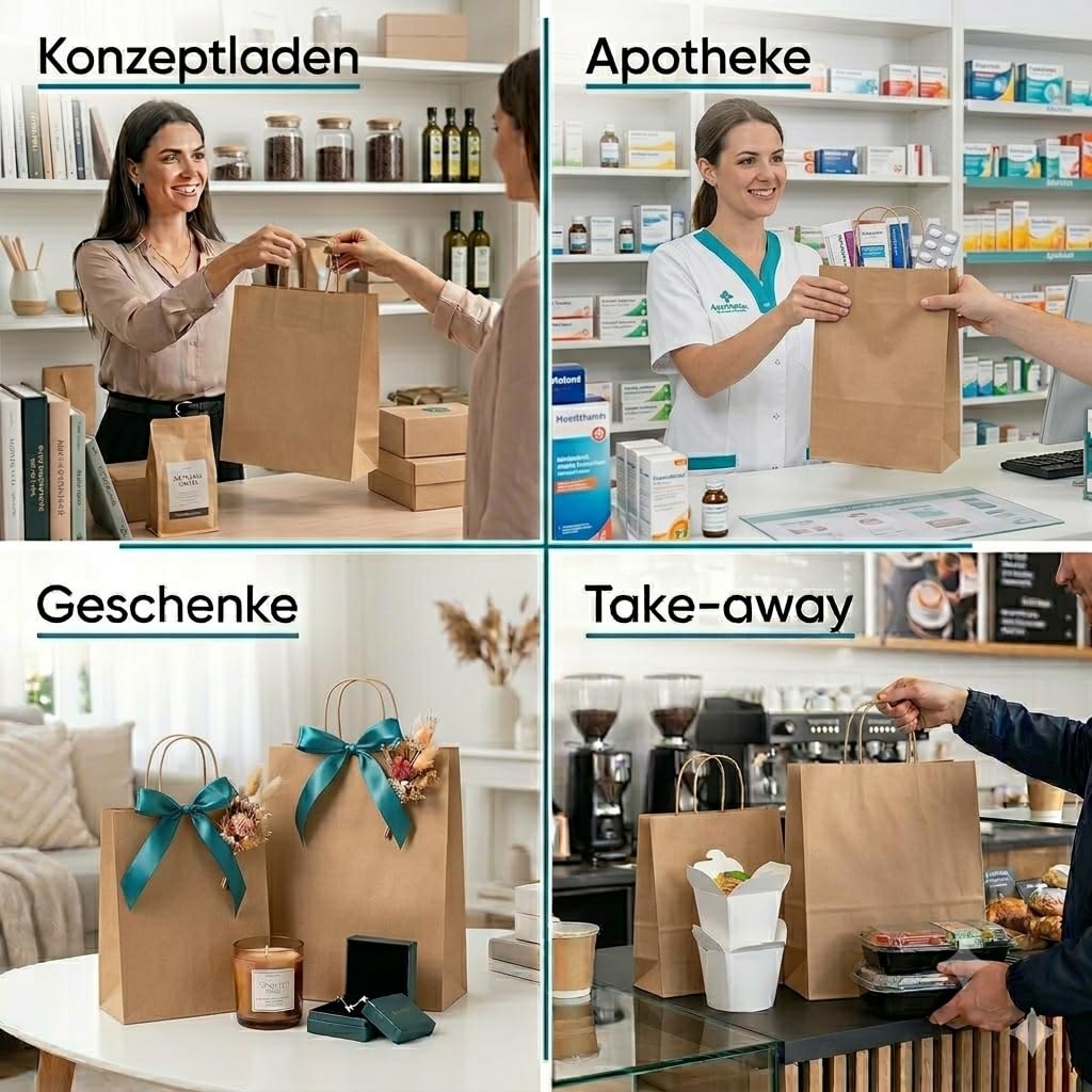 Commerline Lot de 200 sacs en papier kraft marron avec anse, 35 + 14 x 36 cm, avec poignée en cordon, sacs en papier pour le shopping et l'emballage, sacs cadeaux d'anniversaire d'enfants, fêtes