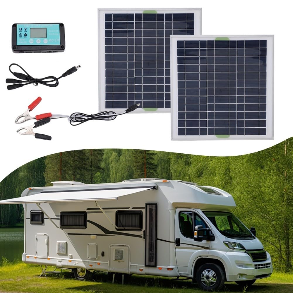 Zestaw do ładowania panelu słonecznego 200 W z dwoma panelami i kontrolerem 10 A, wiele portów urządzeń, IP67 do użytku na zewnątrz, na kemping, do kampera, łodzi (2 szt.)