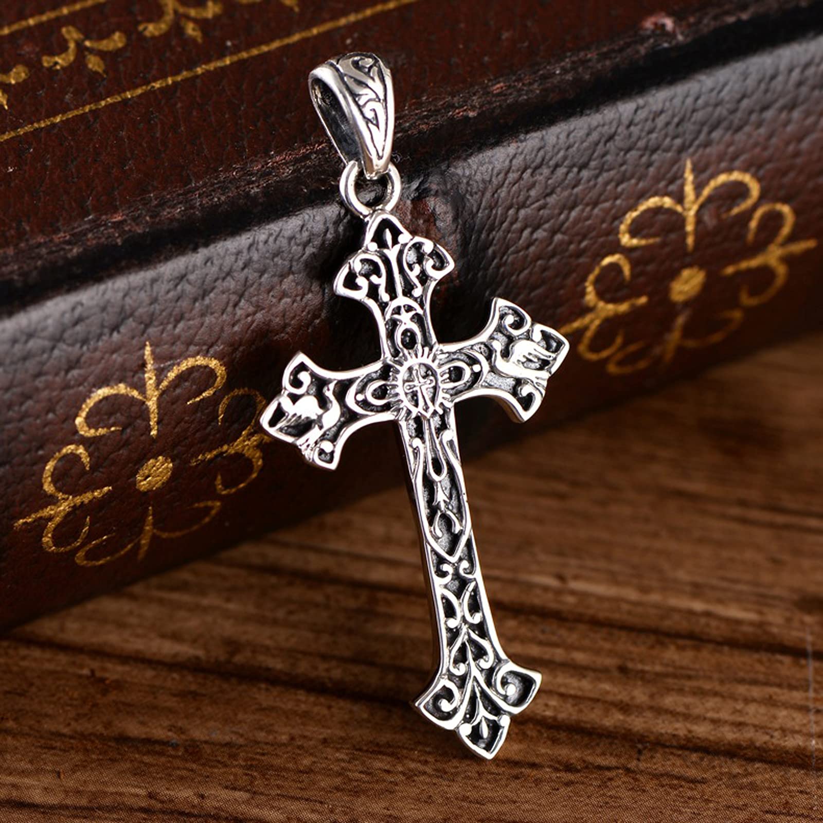 MINGDIAN 925 joyería de Plata esterlina Plata Vintage jesús Antiguo patrón de ratán Cruz Colgante de Moda para Hombre