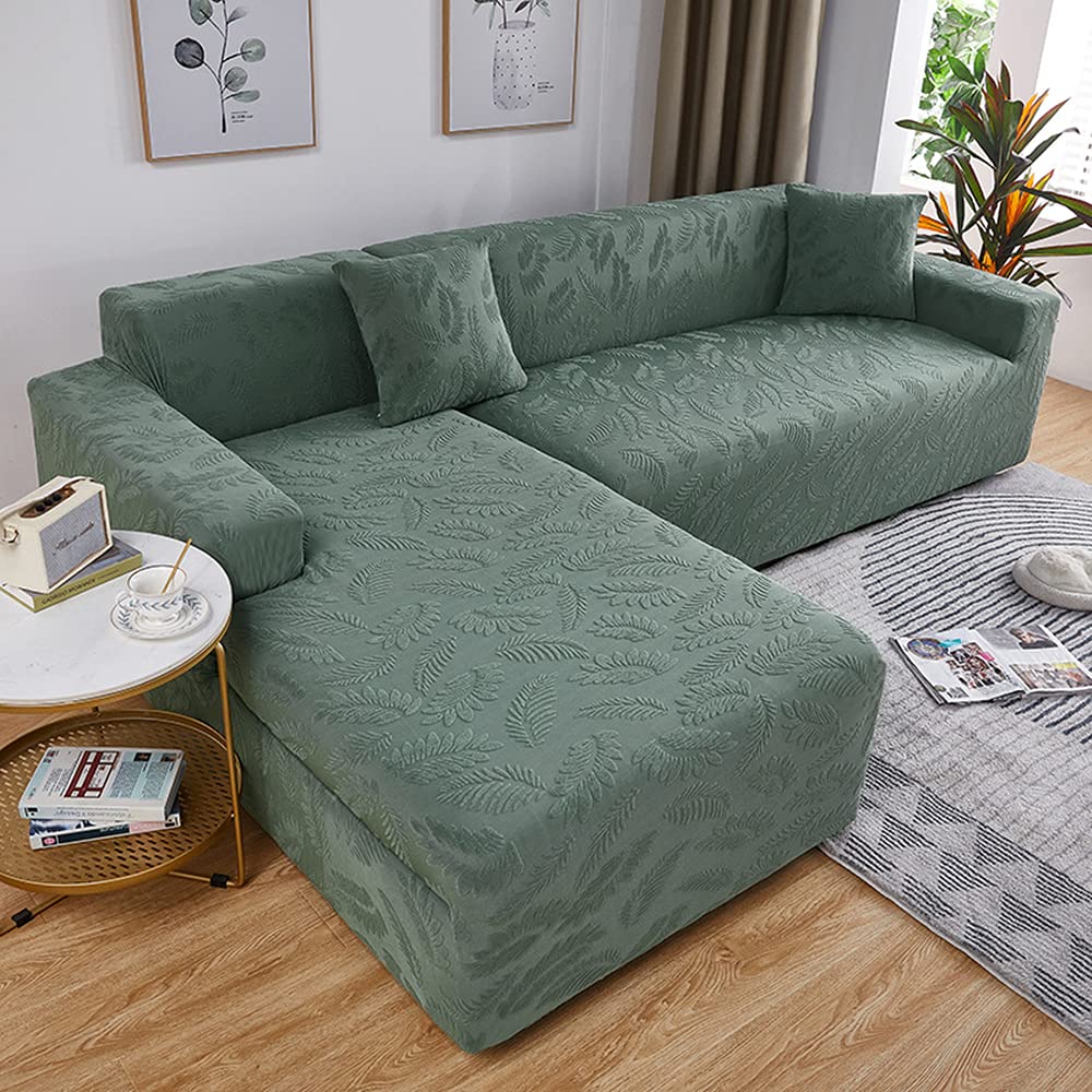 Housse canapé d'angle jacquard pour un salon vert matcha chaleureux