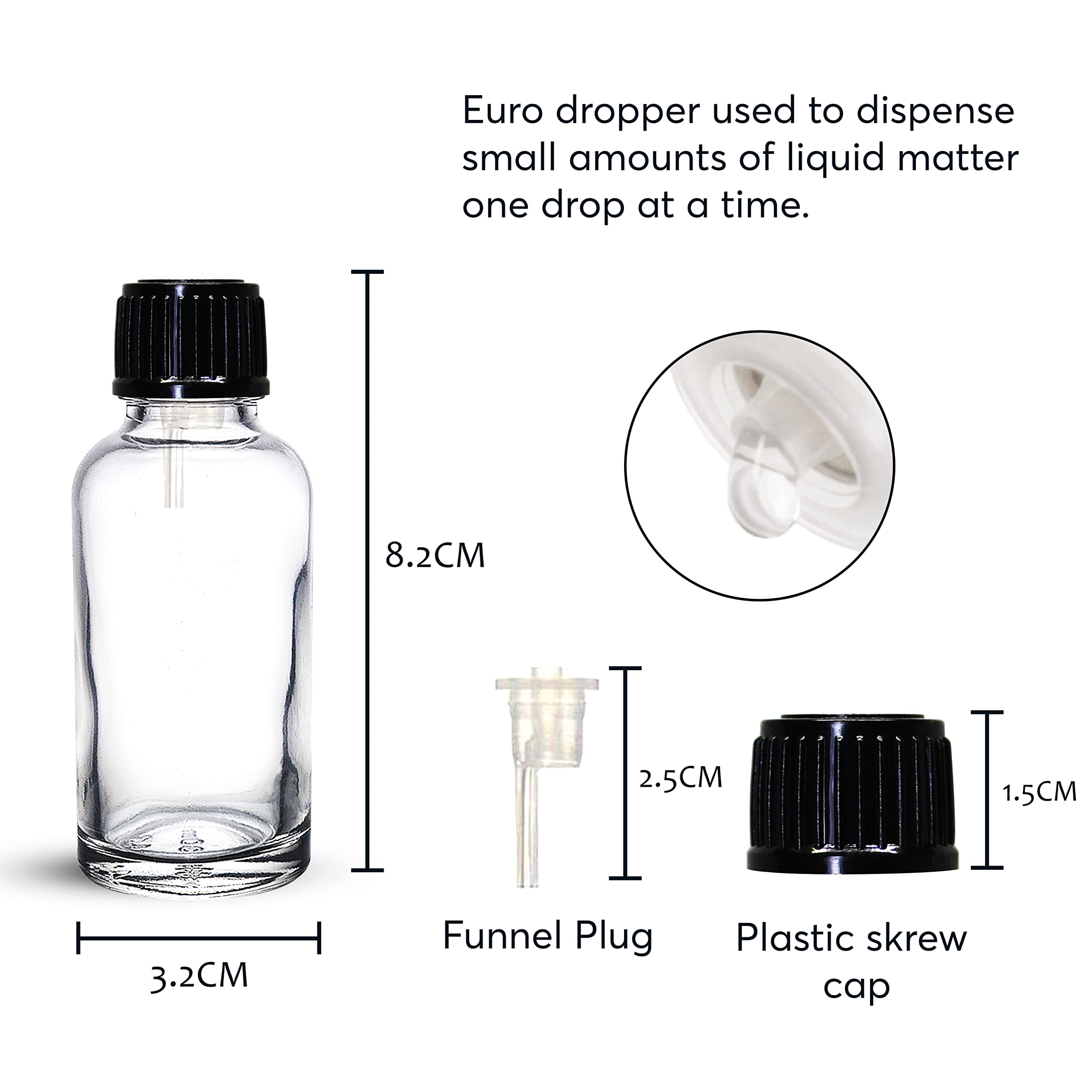 nsb herbals 30 ML Clear/Transparent Round Empty Glass Bottle + Euro Dropper + Black Cap, Refillable, Leak Proof For Essential Oils, DIY Perfumes (Pack of 6) - Image 2 thumbnail