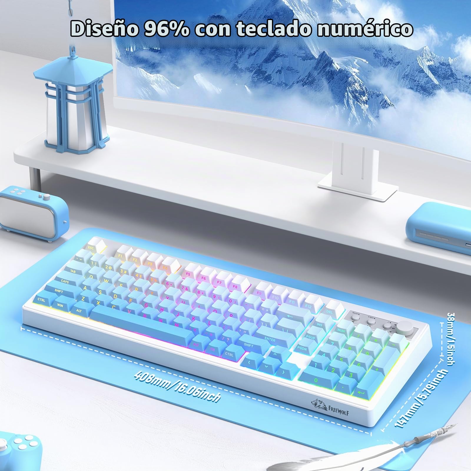 ZIYOU LANG K100 Teclado Gaming Inalámbrico Layout US, Conexión Tri-Modo (BT/2.4G/Cable) Teclado de Membrana con Perilla, 102 Teclas PBT Gradiente, 4000mAh RGB Backlit, para PC/Mac - Azul Glaciar