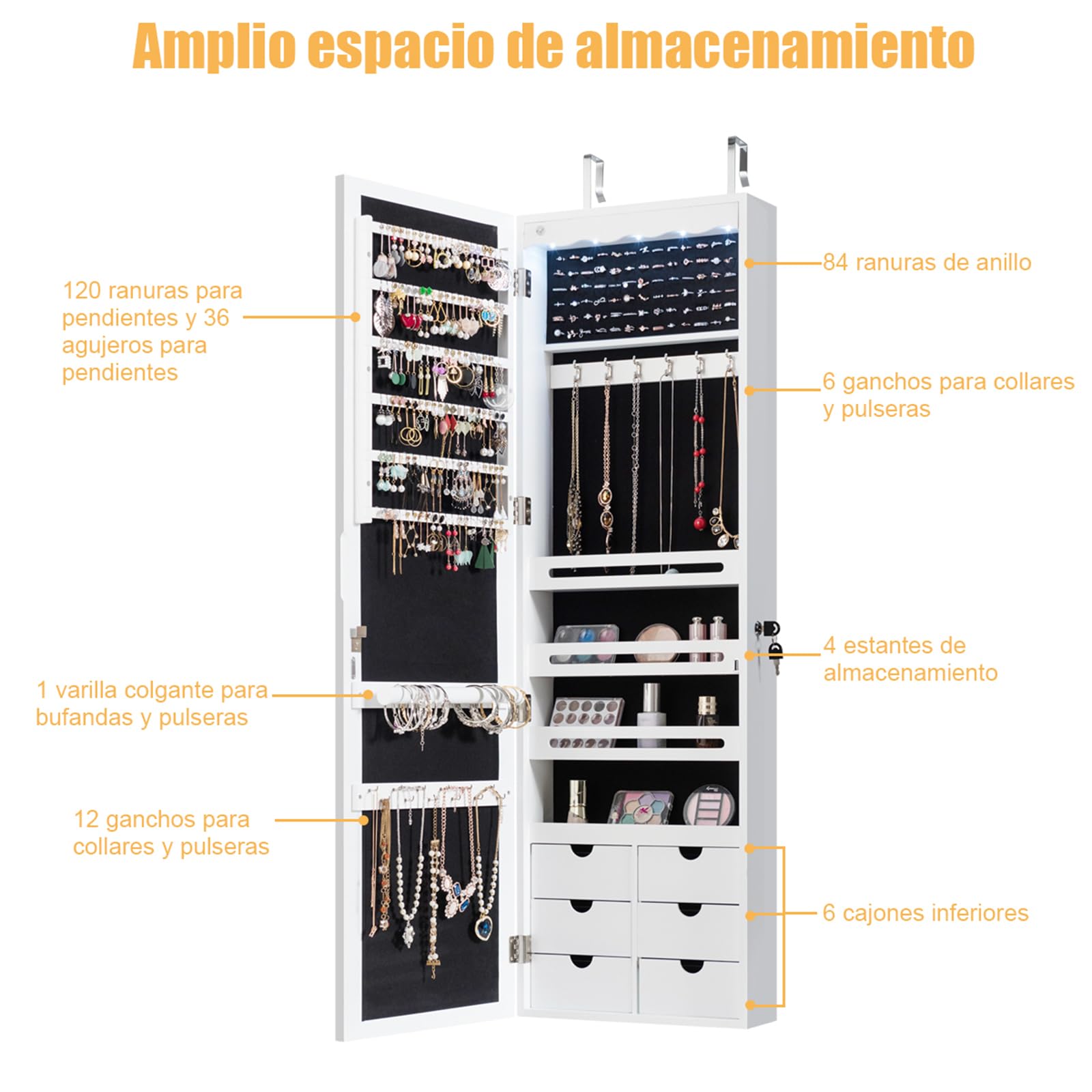 COSTWAY Espejo Joyero de Pared, Armario Joyero con Espejo de Cuerpo Entero, Iluminación LED, Armario para Joyas de Puerta con 6 Cajones, Cerradura, Gran Espacio de Almacenamiento