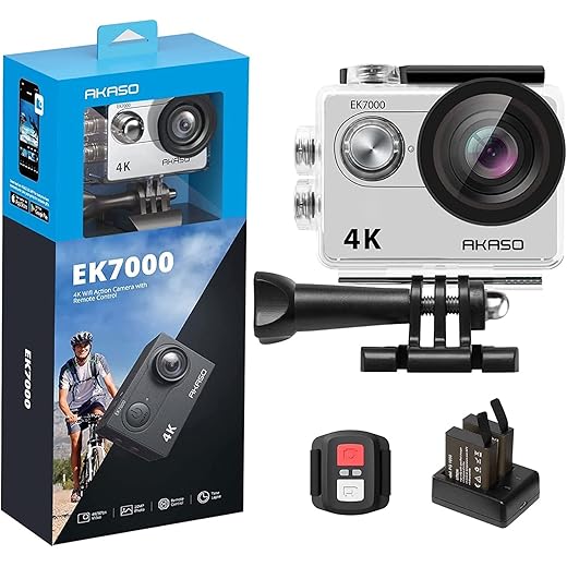 AKASO Action Cam EK7000 4K30FPS Action Camera 170° groothoek HD onderwatercamera 20MP WiFi waterdichte sportcamera 2 inch LCD-scherm met 2 batterijen (zilver)