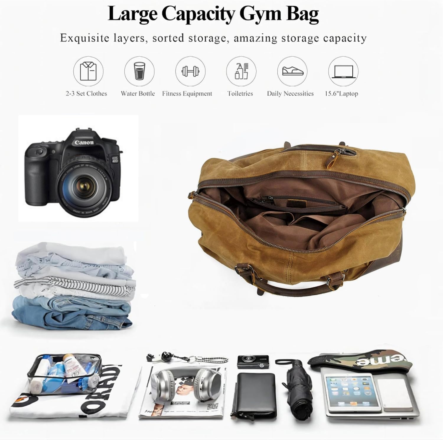 Personalized Waterproof Vintage Waxed Canvas and Leather Duffel Bag, Luggage for Gym 55L Weekender Overnight Carry on Bag (Grey)